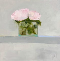 "Remembering June" impressionist oil painting of pink flowers in a glass vase