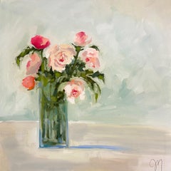 "Seven Roses" impressionist style painting of pink roses in a tall glass vase
