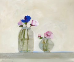 "Side by Side" Impressionist style oil painting of two vases with blue and pink