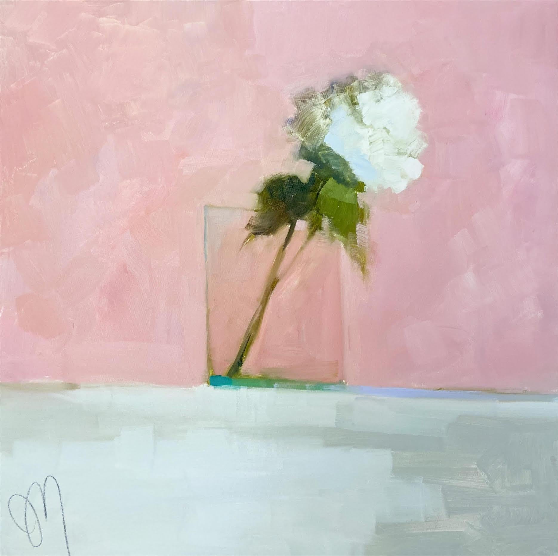 Jill Matthews Figurative Painting - "Single Stem Hydrangea" Oil painting of a white hydrangea in a glass vase. 