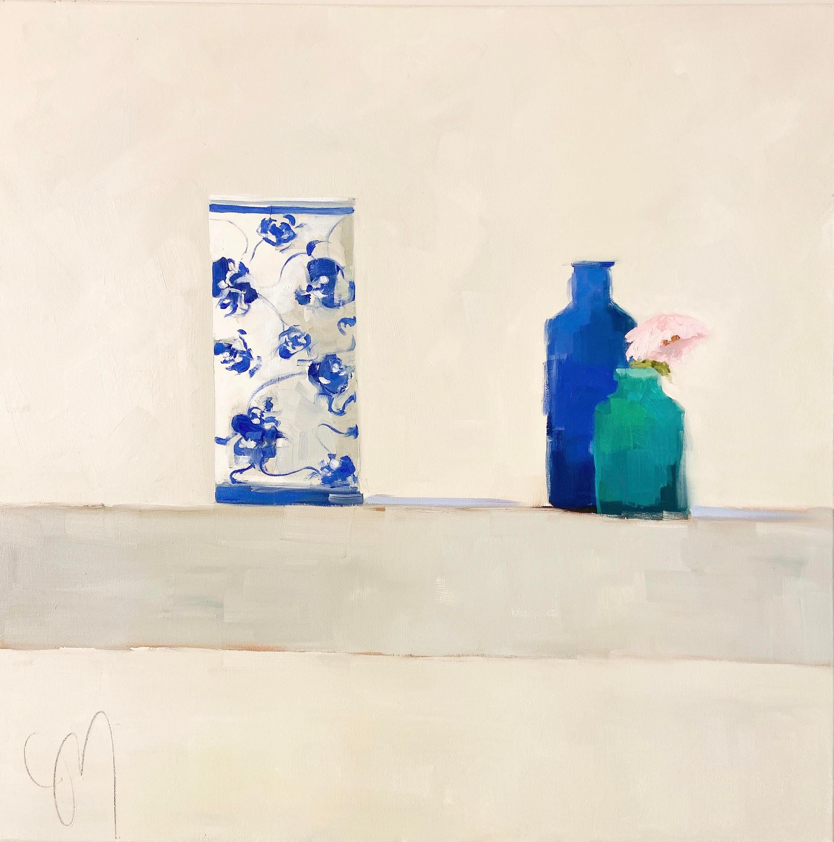 Jill Matthews Still-Life Painting - "Space Between" impressionist style painting of blue china vase next to a flower