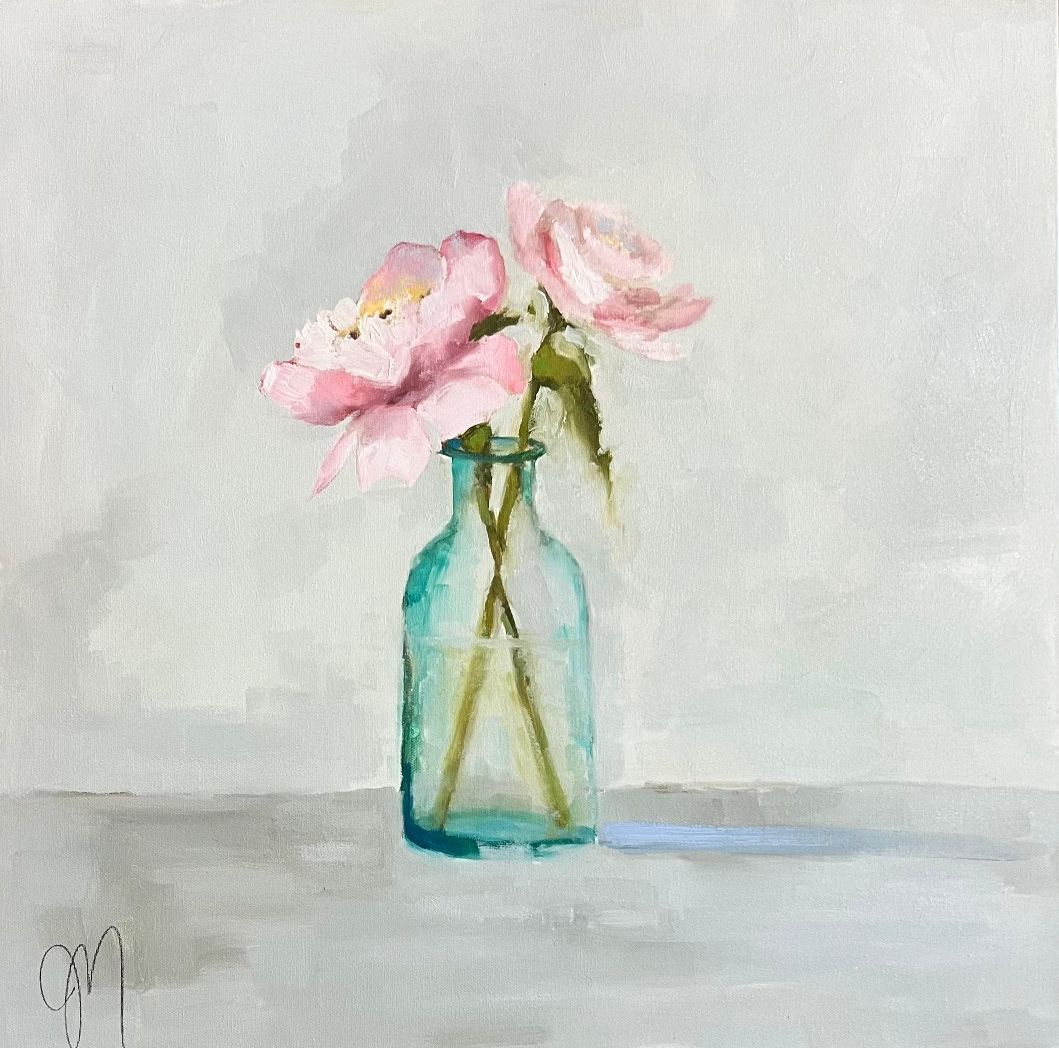 Jill Matthews - "Two Peonies" Two pink peonies in a crystal blue vase. For  Sale at 1stDibs