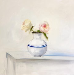 "Two Whites" impressionist style oil painting of two white roses in striped vase