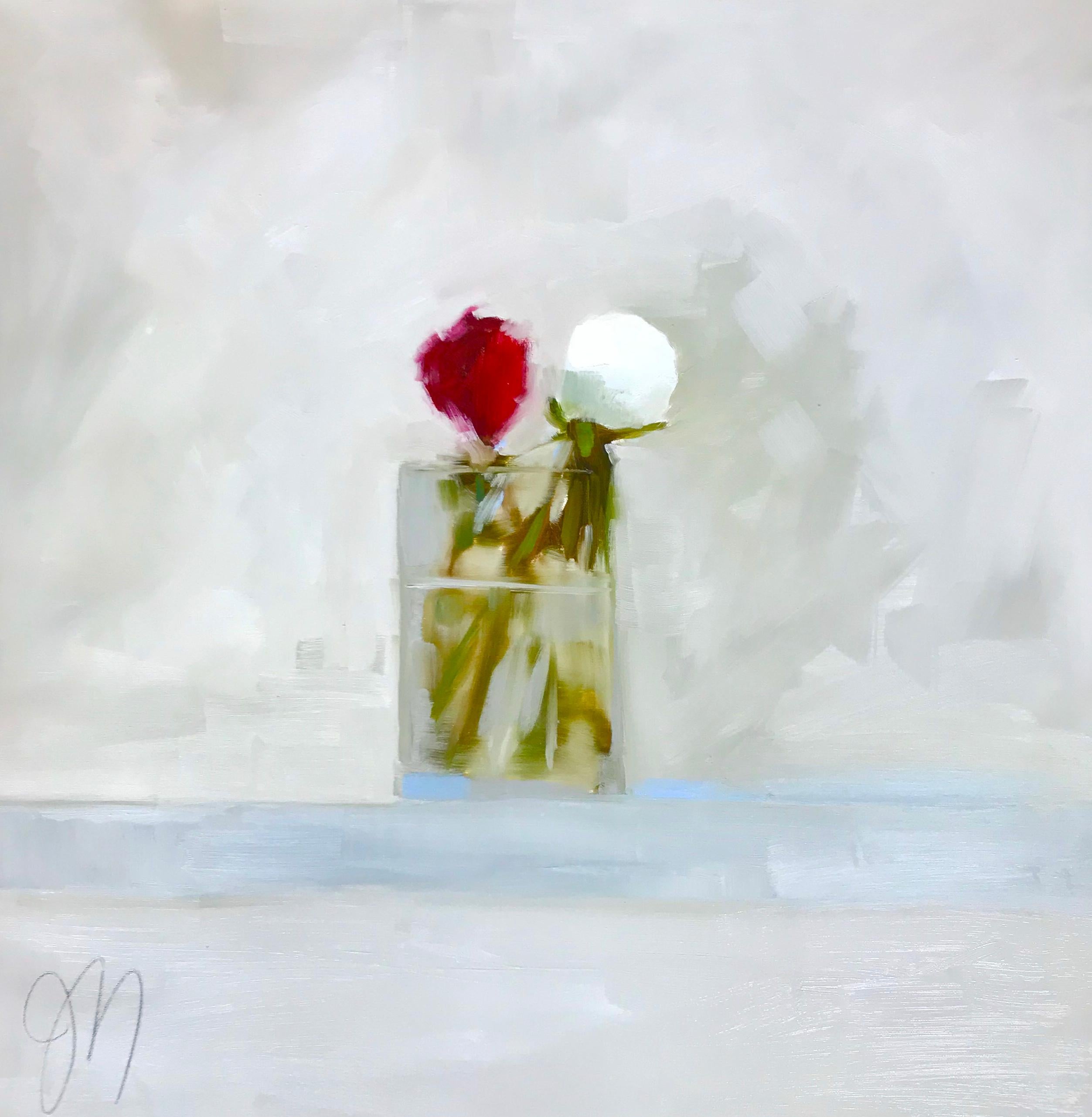 Still-Life Painting Jill Matthews - "Deux bourgeons de pivoine" Peinture à l'huile de style impressionniste représentant des pivoines blanches et rouges