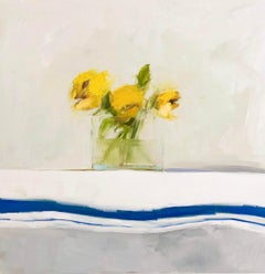 "Yellows, French Blue Linen" Impressionist oil painting yellow flowers in vase
