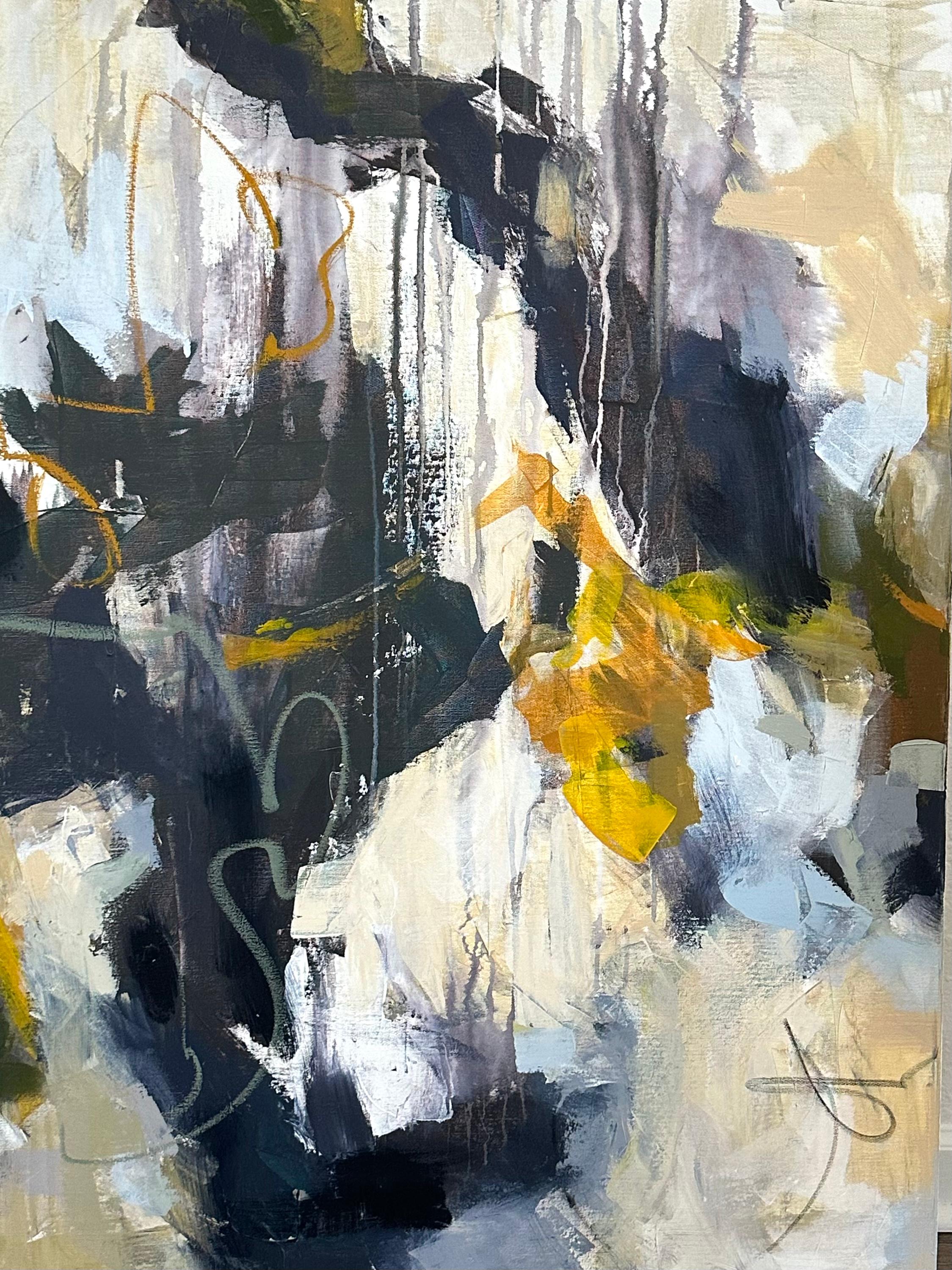 Piega da destra,  Pittura, Astratto, Blu, Acrilico - Abstract Painting Grigio di Jill Morton