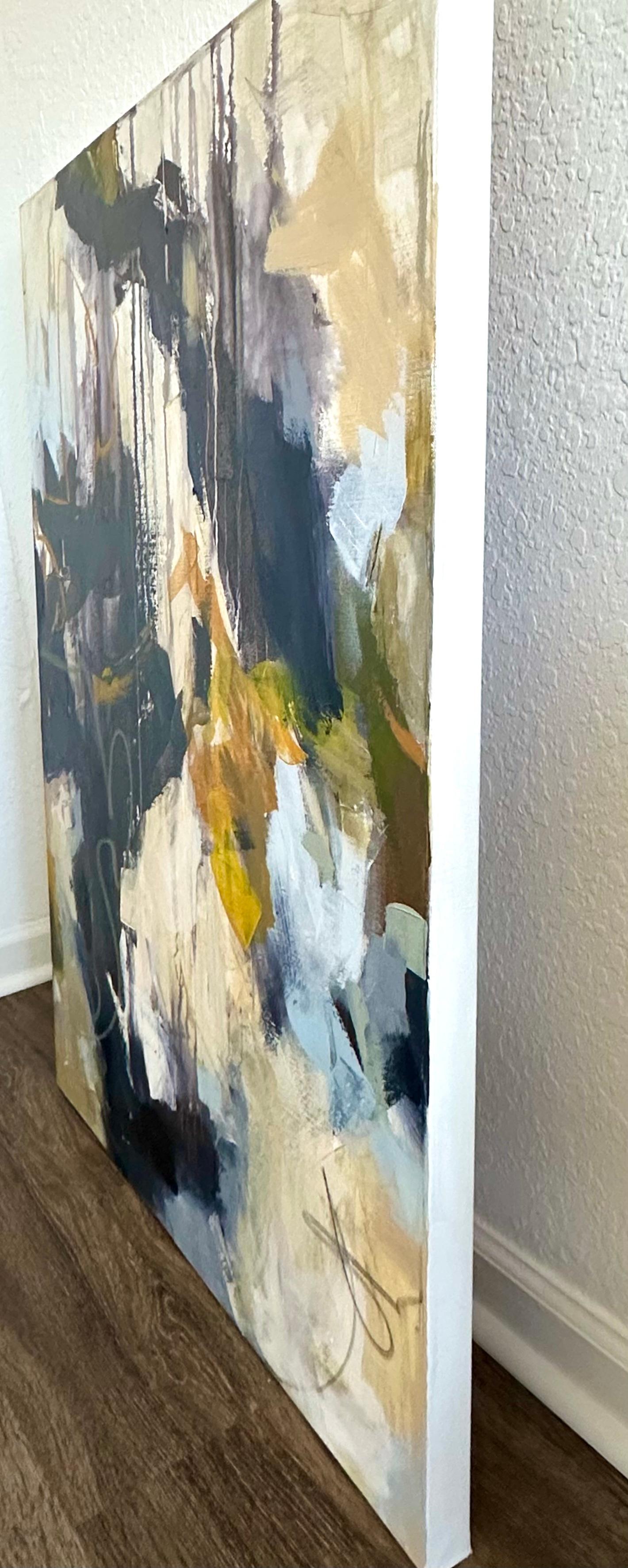 Bend from the Right è un dipinto astratto pieno di blu, bianco e giallo dell'artista australiana Jill Morton.  Le dimensioni sono 40 x 30, acrilico e olio su tela.  Attualmente non è incorniciato, ma può essere incorniciato con una cornice