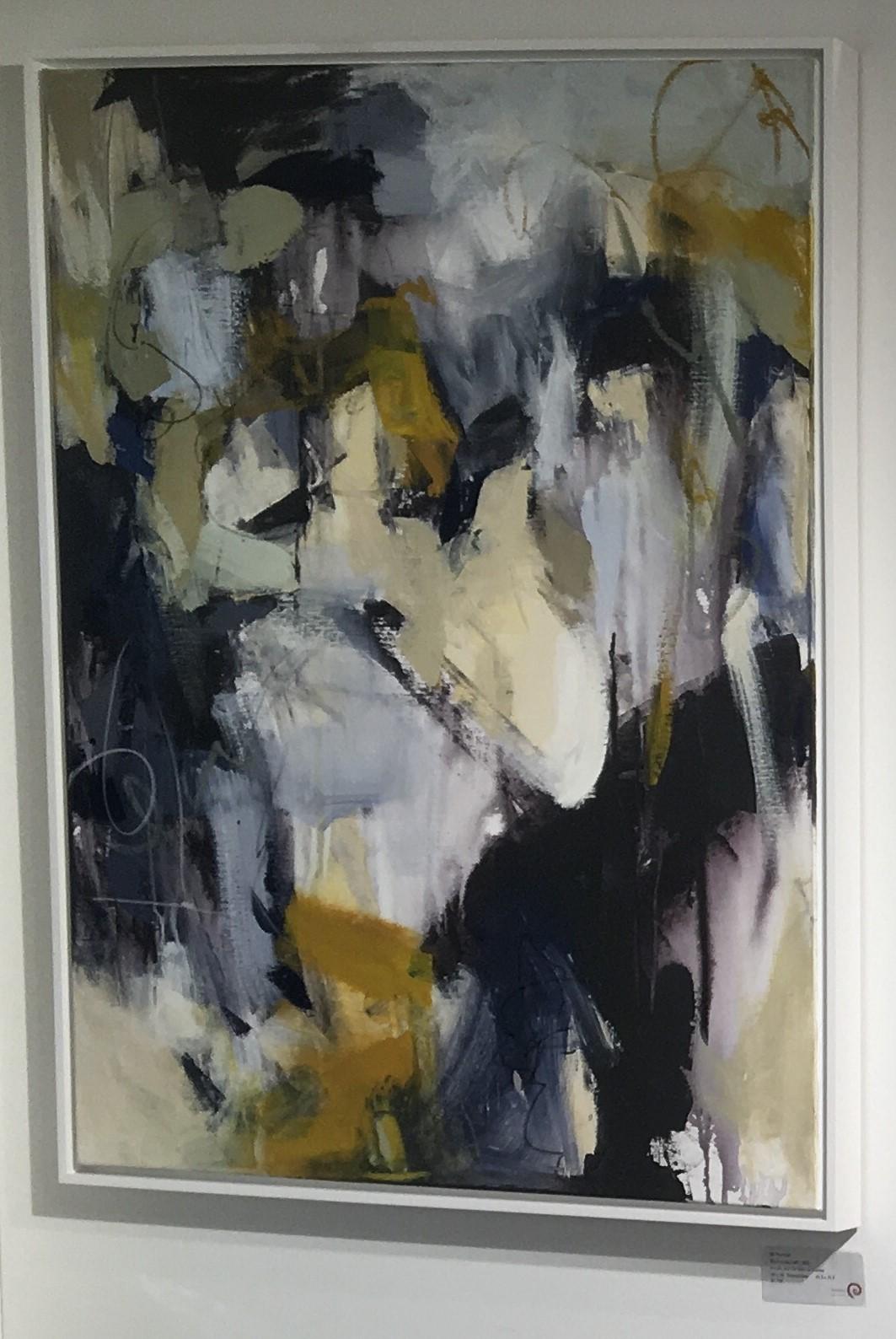 Bend to the Left is an abstract painting filled with blue, white and yellow by Australian artist, Jill Morton.  It is 40 x 30, acrylic and oil stick on canvas.  It is framed with a white float frame.

According to Morton, 