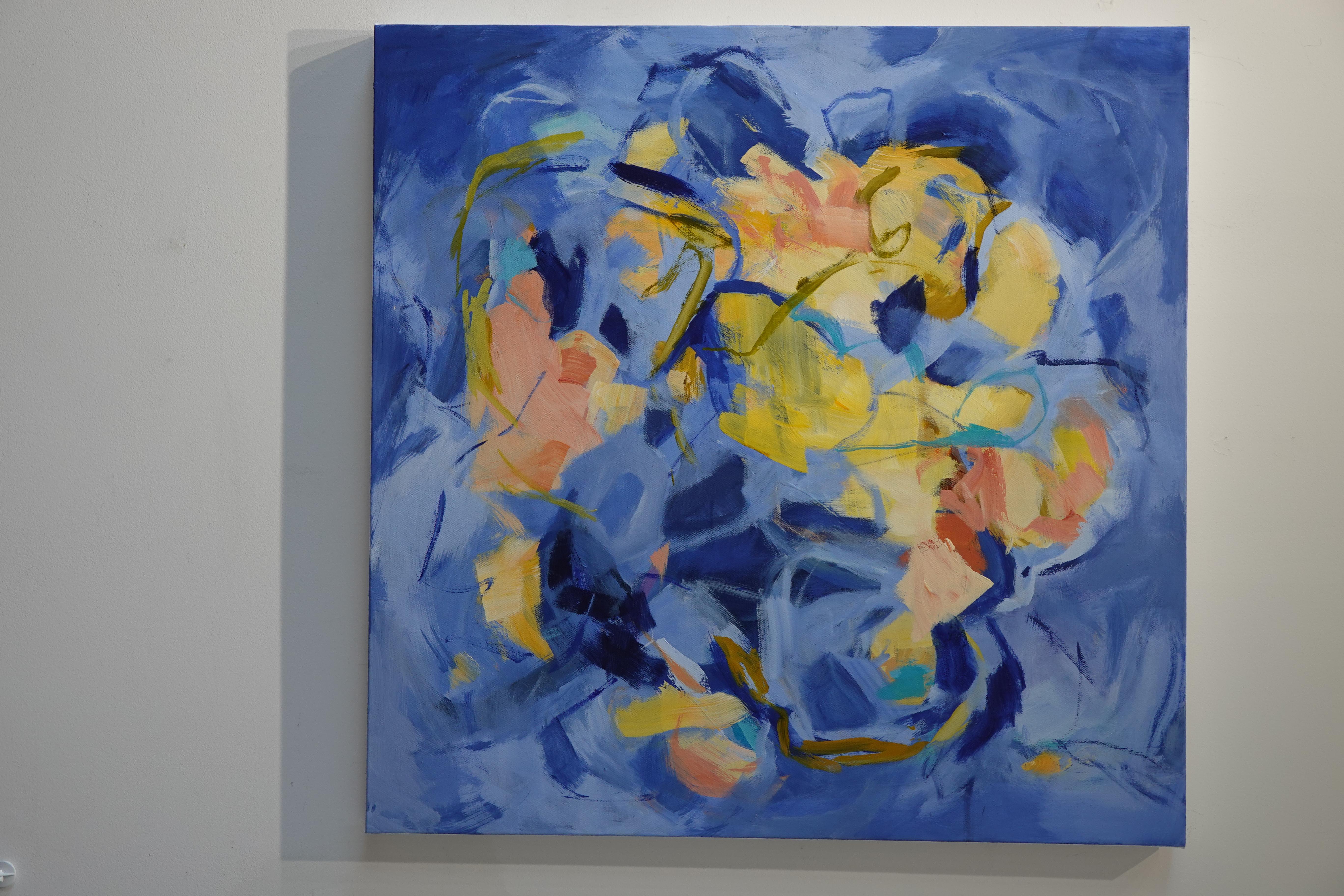 Circling Butterflies,  Painting, Abstract, Blue, Yellow, Travel, Acrylic For Sale 1