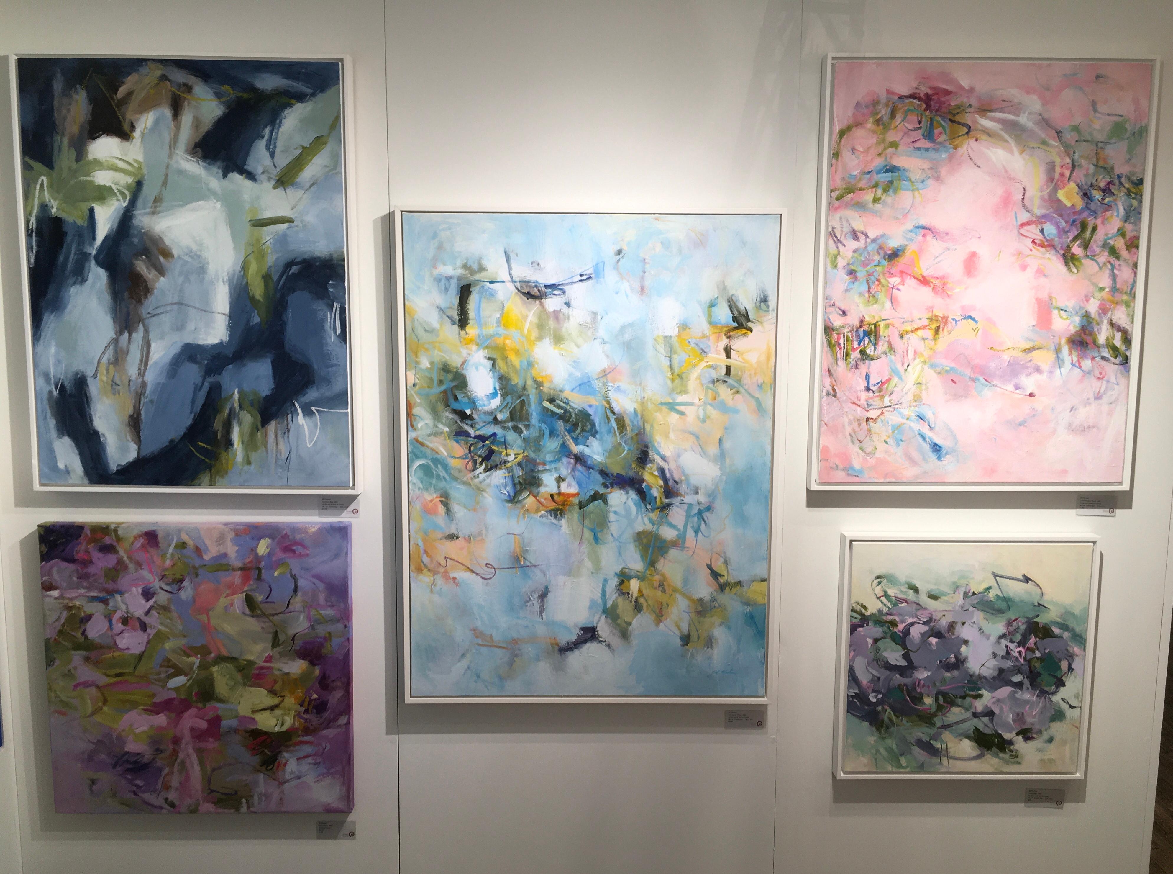 Close Enough to Touch is an abstract painting filled with pink, white and blue by Australian artist, Jill Morton.  It is 40 x 30, acrylic and oil stick on canvas.  It is framed with a white float frame.

According to Morton, 