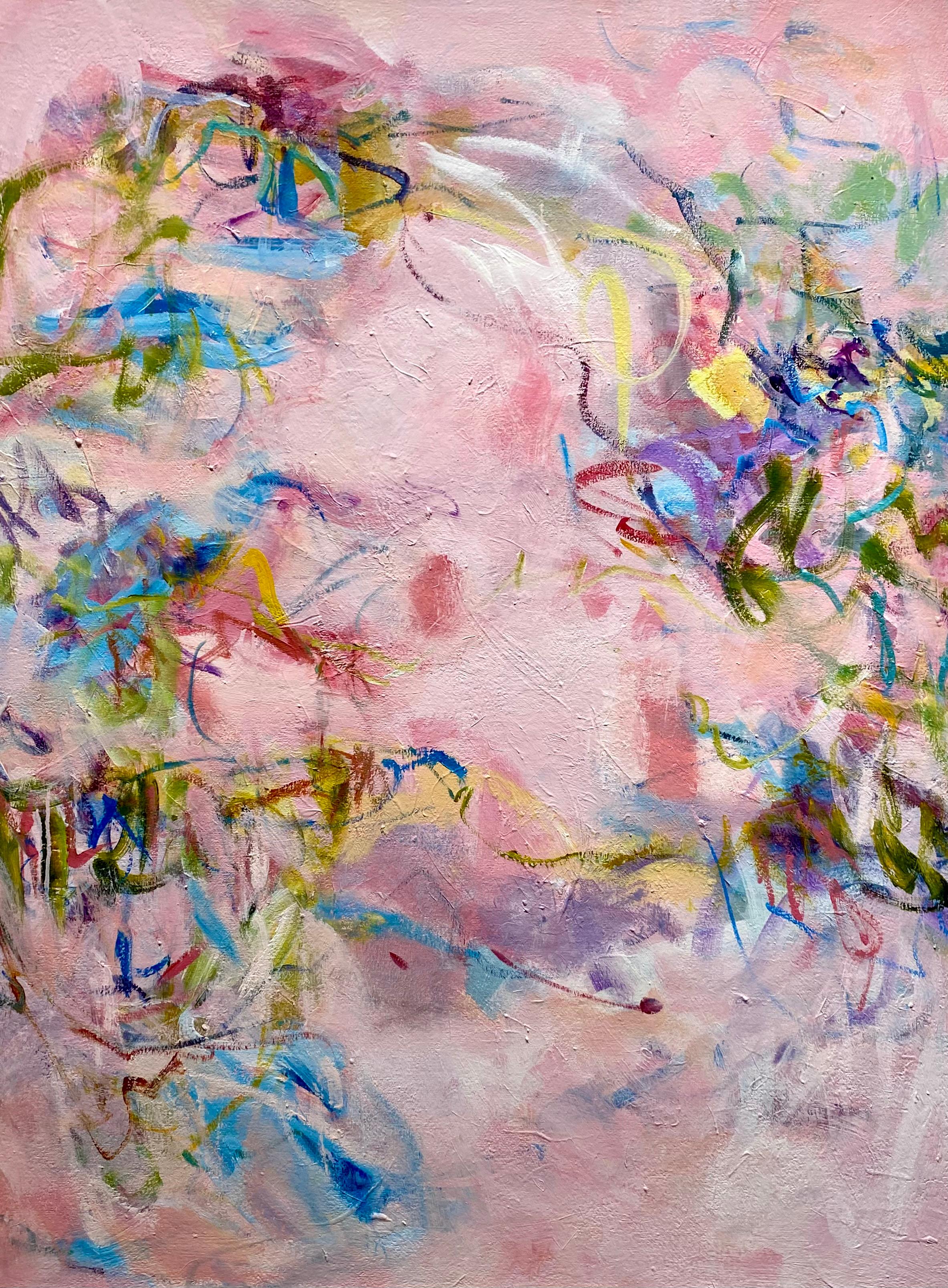Jill Morton Abstract Painting - Close Enough to Touch, Painting, Abstract, Pink, White, Acrylic, Oil Stick