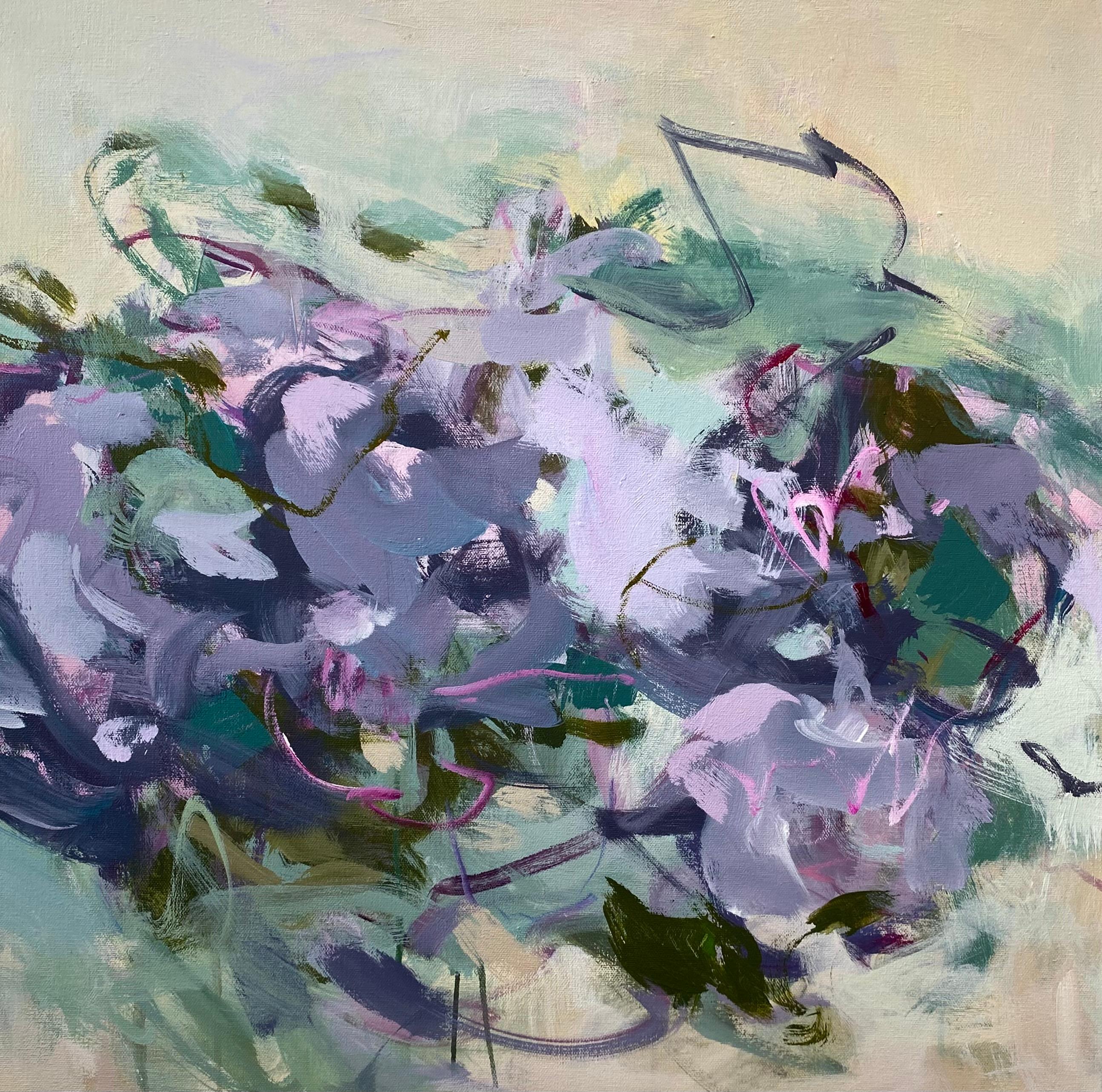 Jill Morton Abstract Painting – Unravelling 3, Gemälde, Acryl, lila, abstrakt