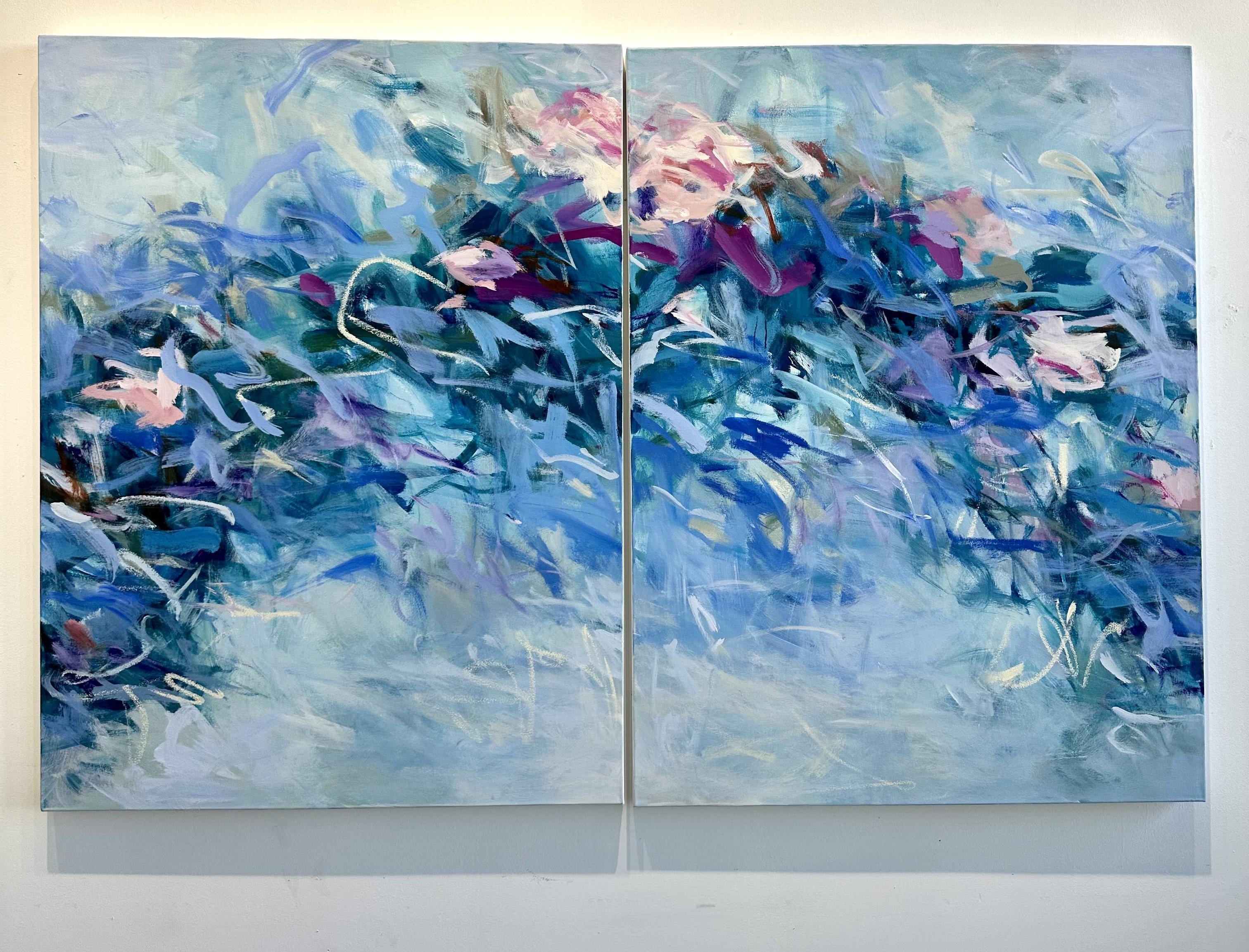 Wading in Blue is an abstract painting, a diptych,  filled with blues, pink, and white by Australian artist, Jill Morton.  It is 40x60 (each panel is 40 x 30), acrylic and oil stick on canvas.  It is currently unframed .

According to Morton, 