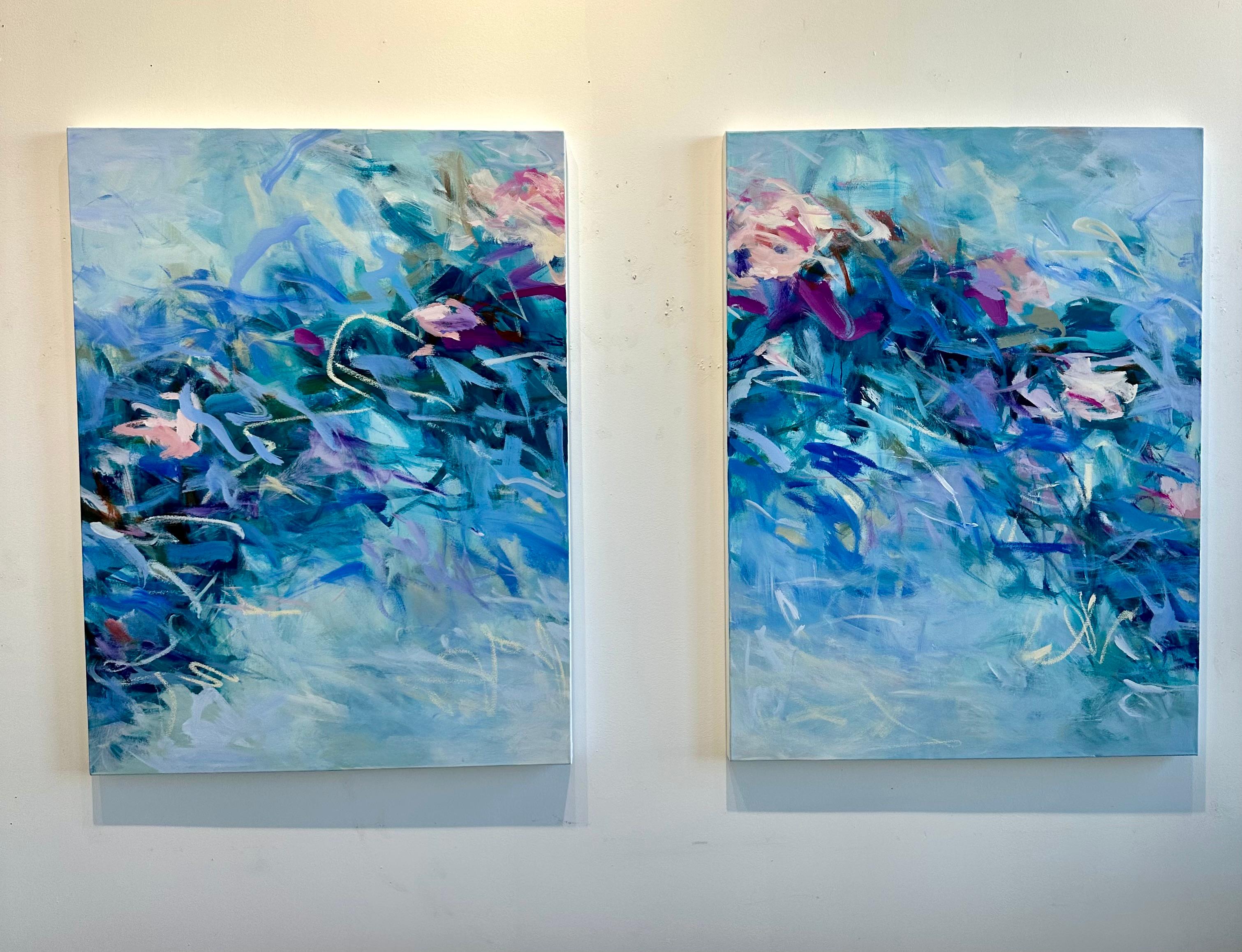 Wading in Blue, Diptych, Painting, Abstract, Blue, White, Acrylic, Oil Stick For Sale 1