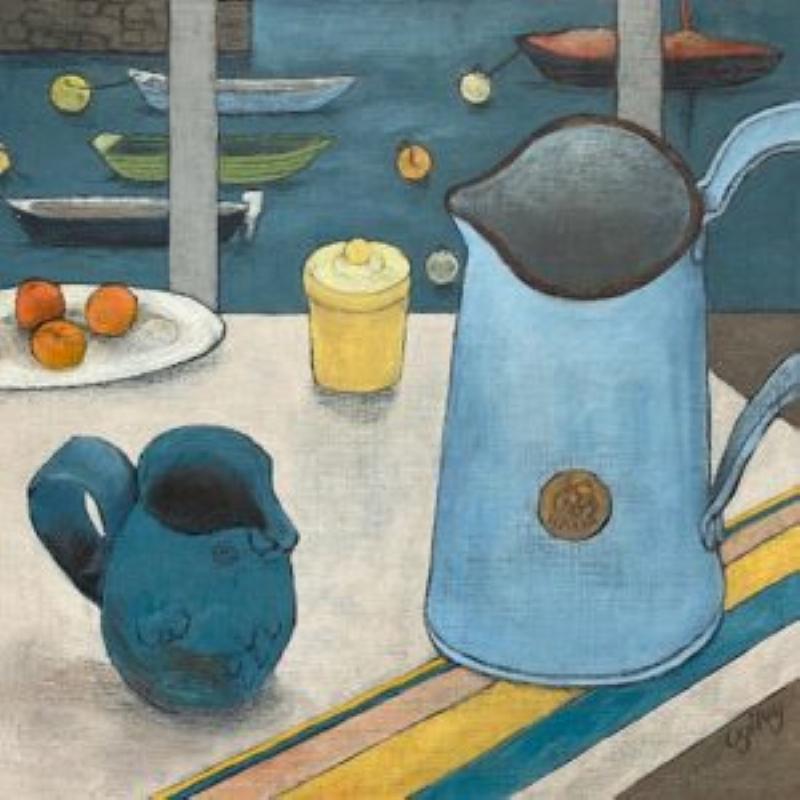 Jill Ogilvy Still-Life Painting - "Blue Halls Jug" oil on board still life jug table bottle home tranquil mind 