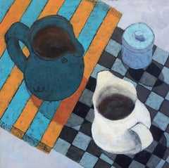"Chequerboard & Stripes" oil on board still life jug table home tranquil mind 