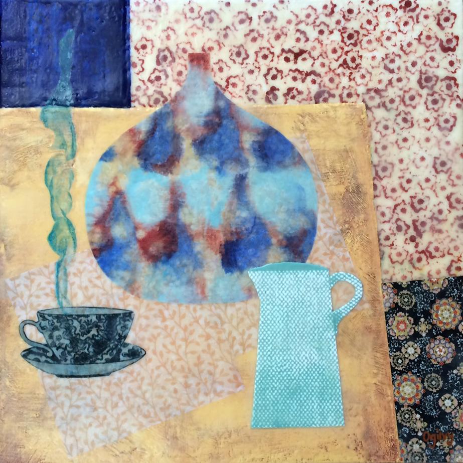 « Indian Infusion », peinture à l'encaustique sur carton, nature morte, tasse à thé, pot à thé bleu