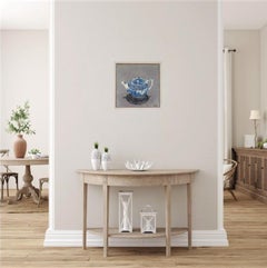 "My Old Dutch" encaustic painting on board still life collage teapot blue grey