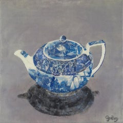 "My Old Dutch" encaustic painting on board still life collage teapot blue grey