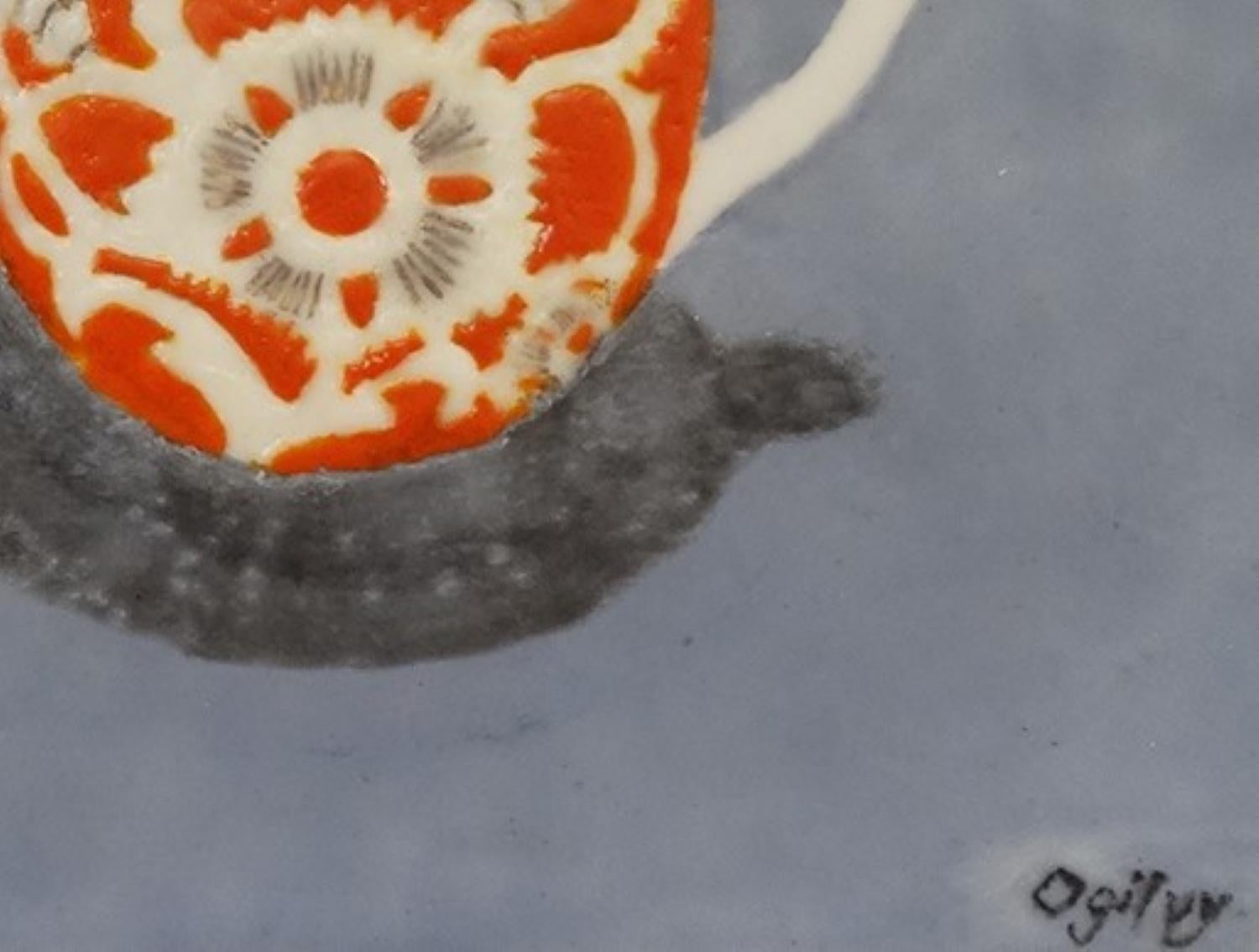 Orange Pekoe Stillleben, orange-weiße Teekanne, geschaffen von der Künstlerin Jill Ogilvy mit ihrer charakteristischen Technik Mixed Media Encaustic auf Birkenholzplatte. Das Werk ist hübsch gerahmt und wird mit einem Echtheitszertifikat geliefert.