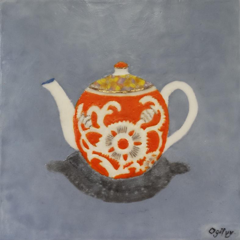 Jill Ogilvy Still-Life Painting - "Orange Pekoe" encaustic painting on board still life teapot orange white gold