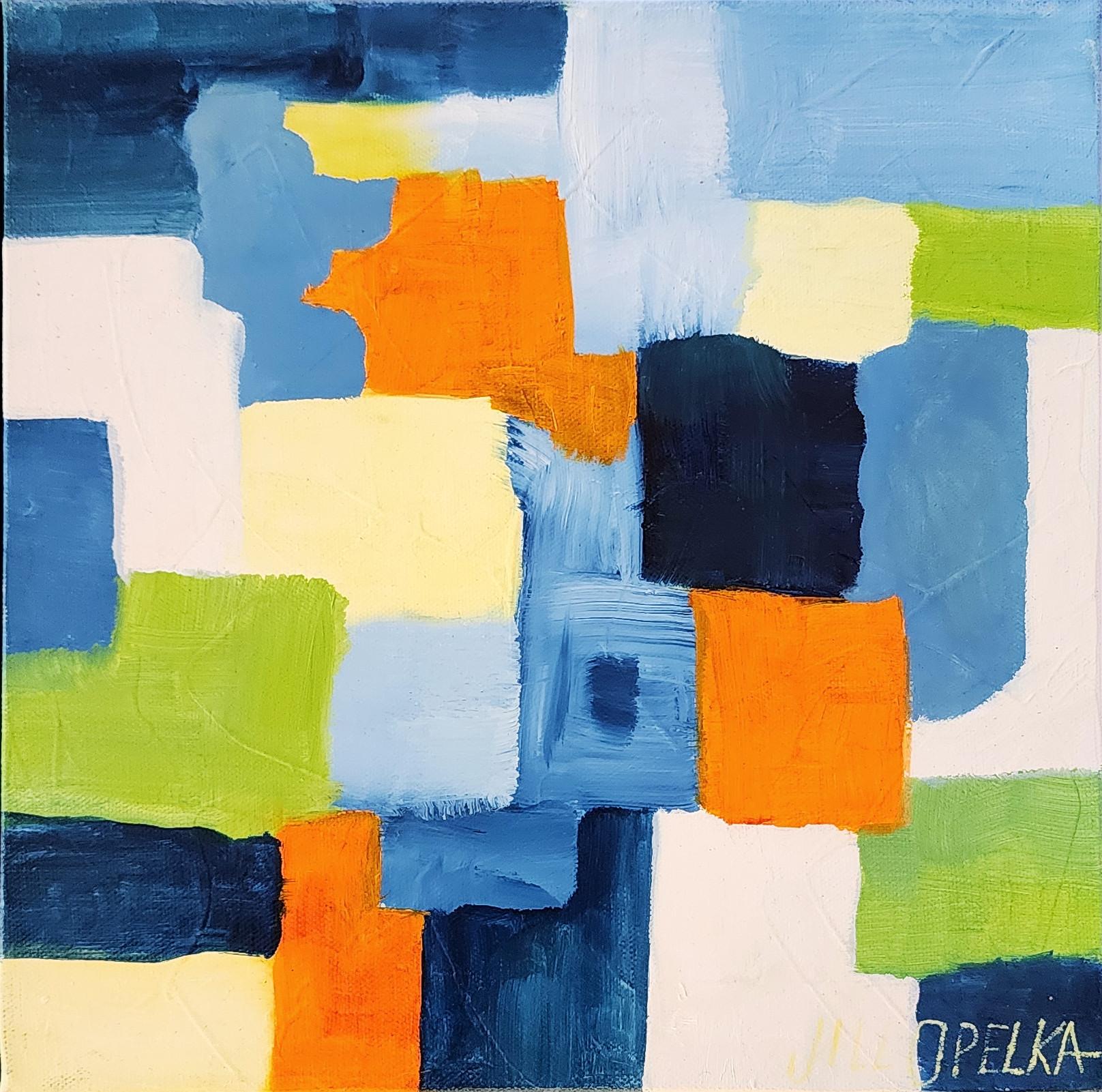 Abstract I (Vibrant, Deep, Blue, Navy, Green, Orange, Yellow 25% OFF LIST PRICE) - Painting by Jill Opelka