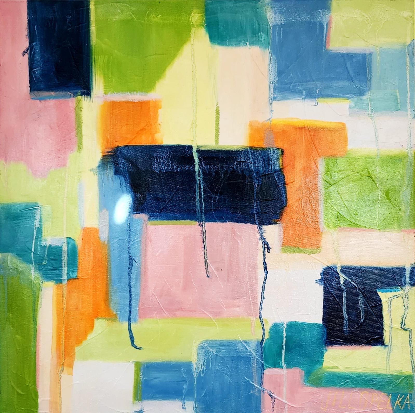 Abstract III (Abstract, Vibrant, Deep, Blue, Navy, Green, Orange, 30% OFF) - Painting by Jill Opelka