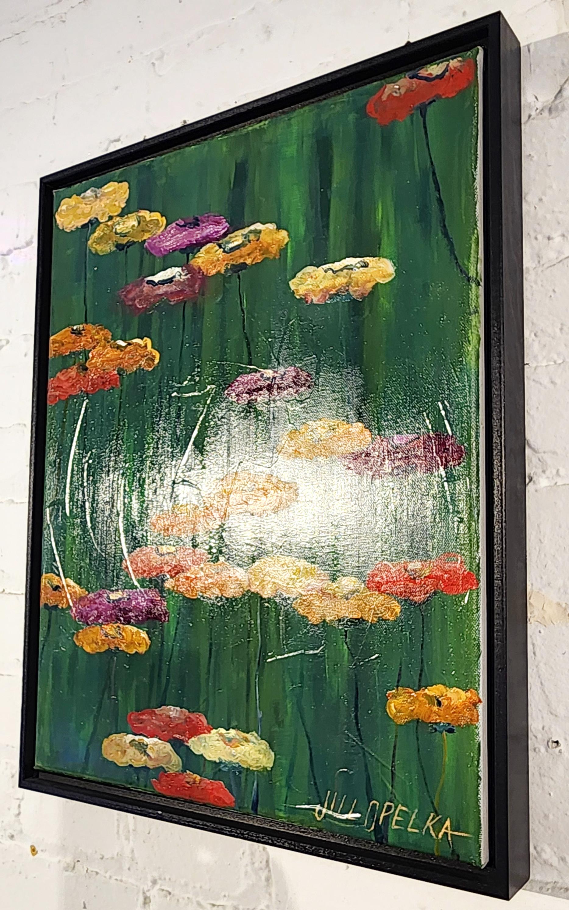 Blüten (Blumen, gesättigt, grün, gelb, lila, rosa, rot) – Painting von Jill Opelka