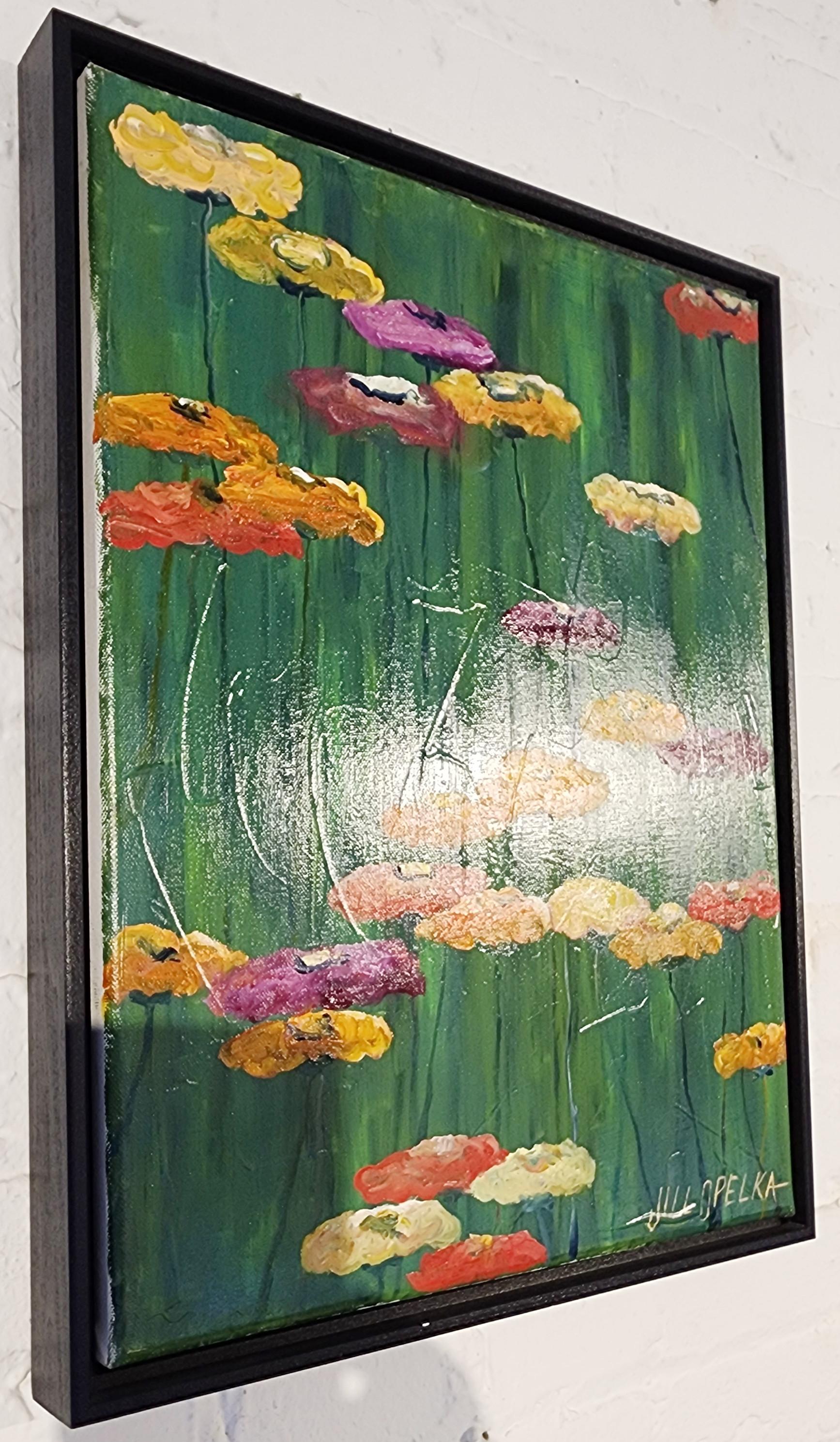Blüten (Blumen, gesättigt, grün, gelb, lila, rosa, rot) (Moderne), Painting, von Jill Opelka