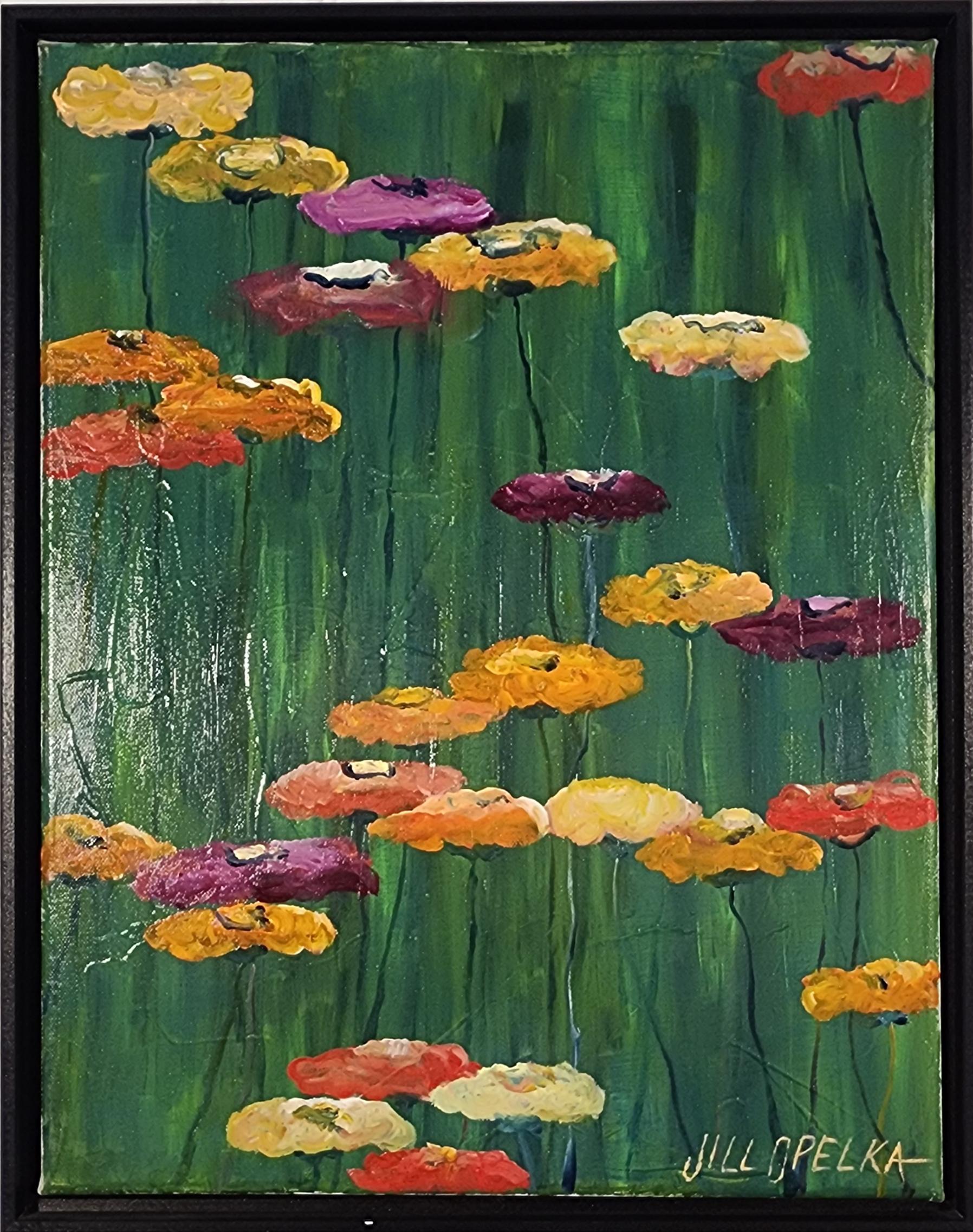 Jill Opelka Still-Life Painting – Blüten (Blumen, gesättigt, grün, gelb, lila, rosa, rot)