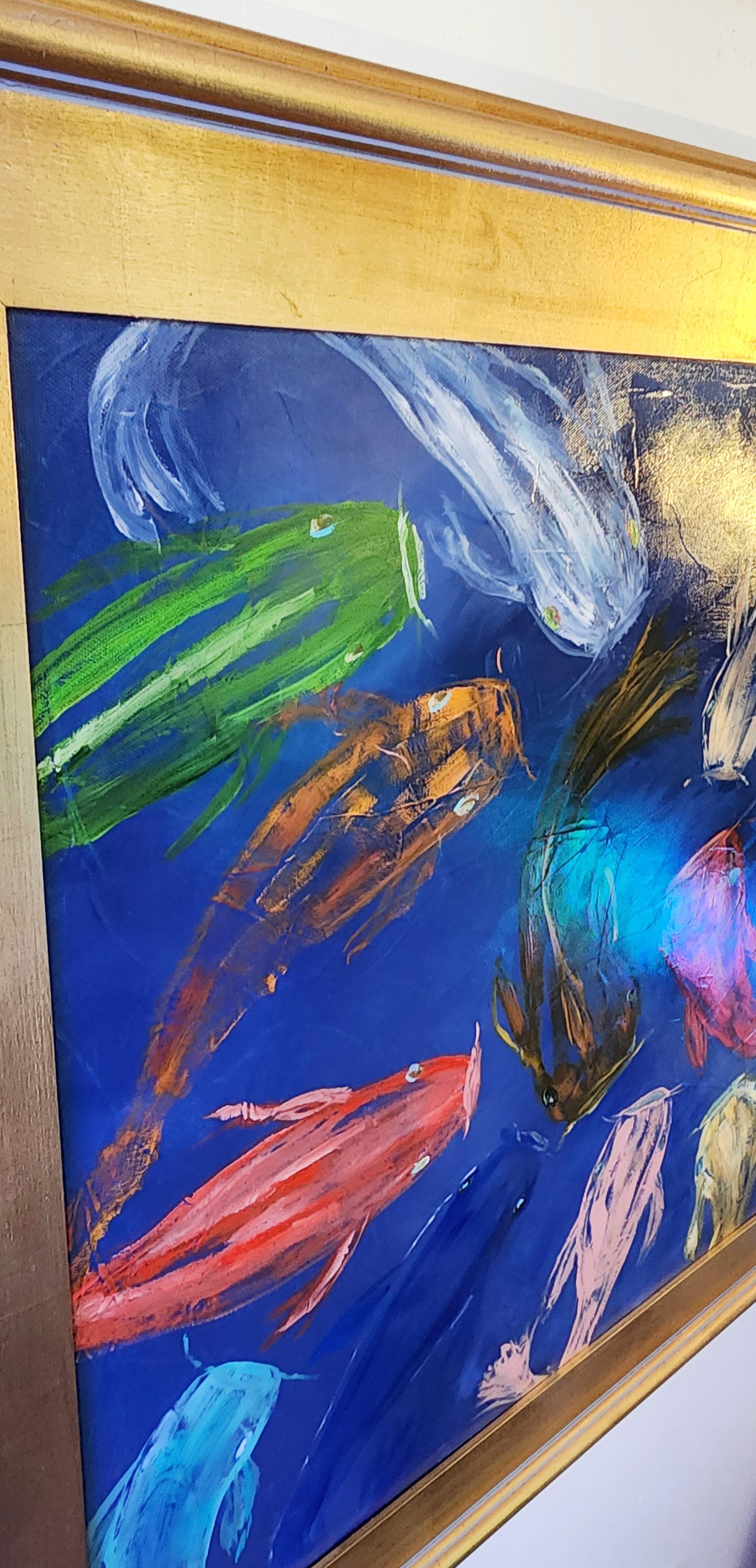 Blue Koi (Pond, Lush, Orange, White, Red, Movement, Fish) - Impressionist Painting by Jill Opelka
