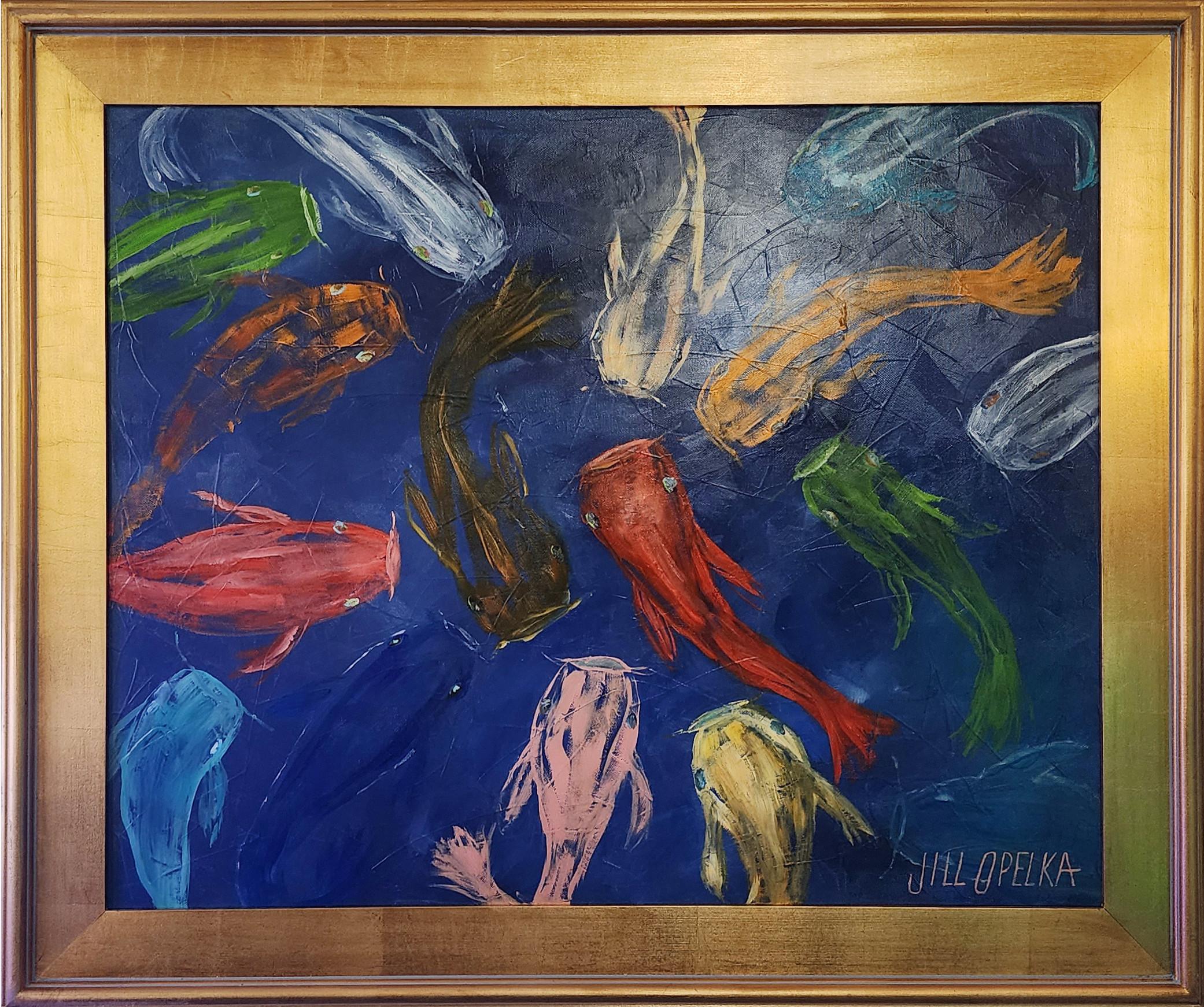 Jill Opelka Animal Painting - Blue Koi (Pond, Lush, Orange, White, Red, Movement, Fish)