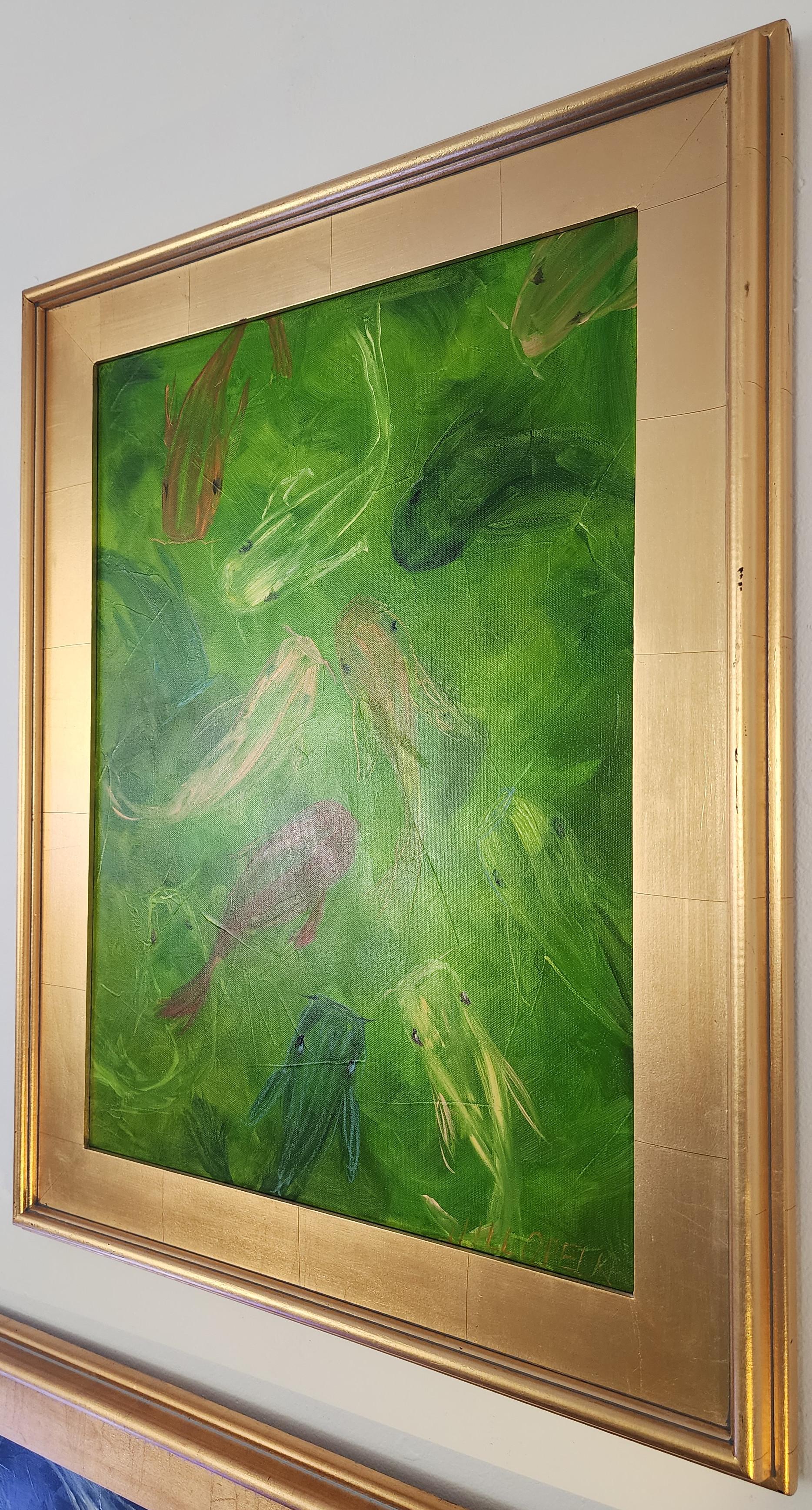 Green Koi (Pond, Lush, Green, Red, Movement, Fish) - Painting by Jill Opelka