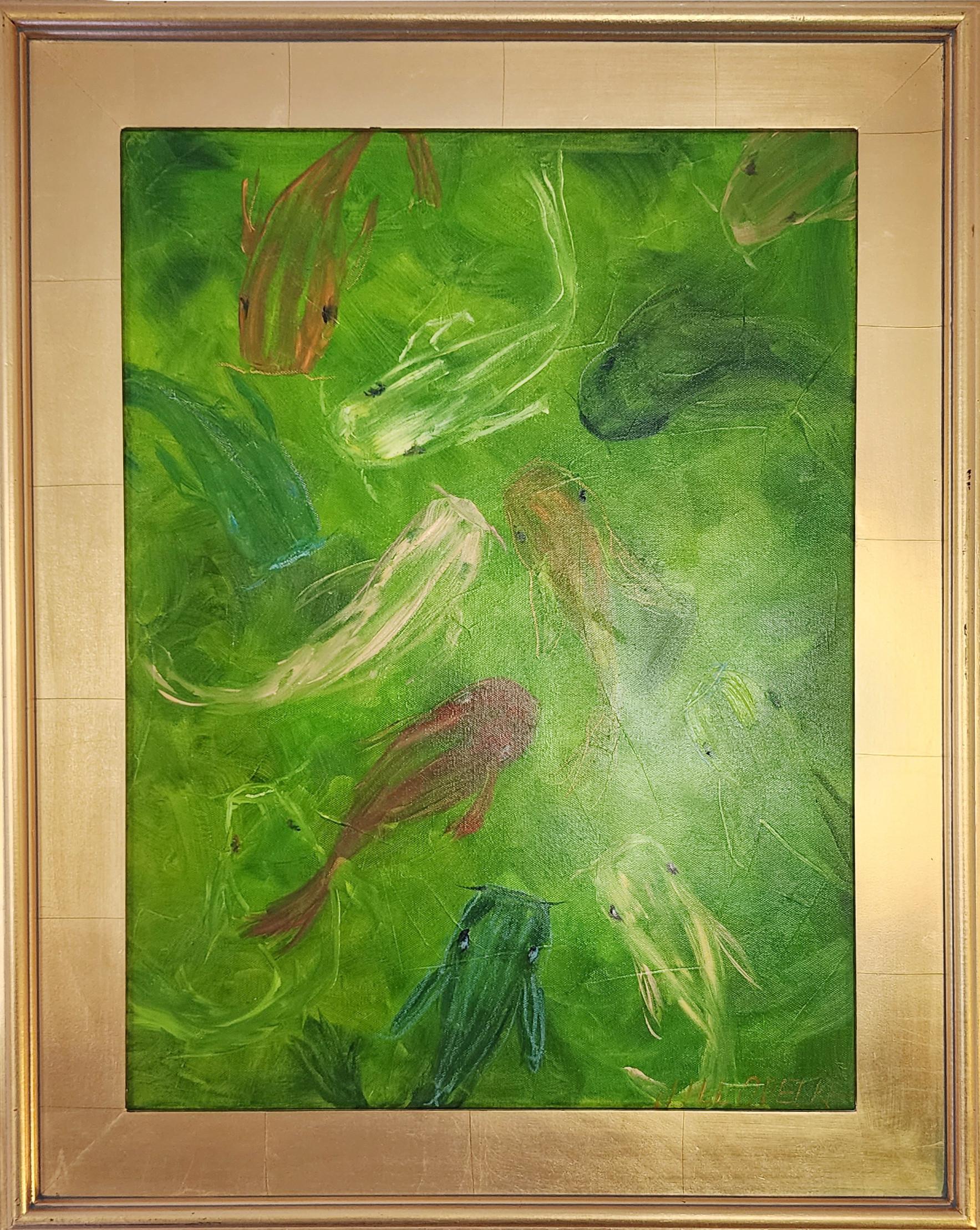 Jill Opelka Animal Painting - Green Koi (Pond, Lush, Green, Red, Movement, Fish)