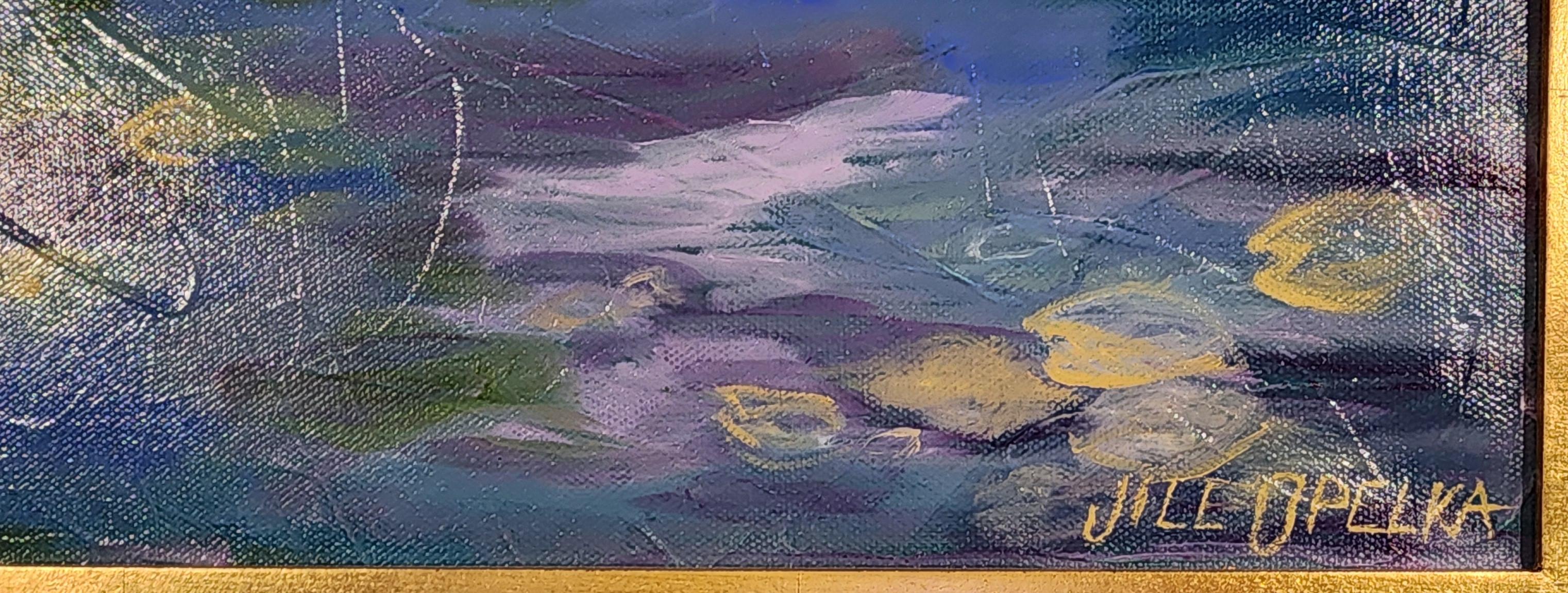 Lily Pond (Flowers, Waterscape, Pastell, Warm) - Brown Landscape Painting by Jill Opelka