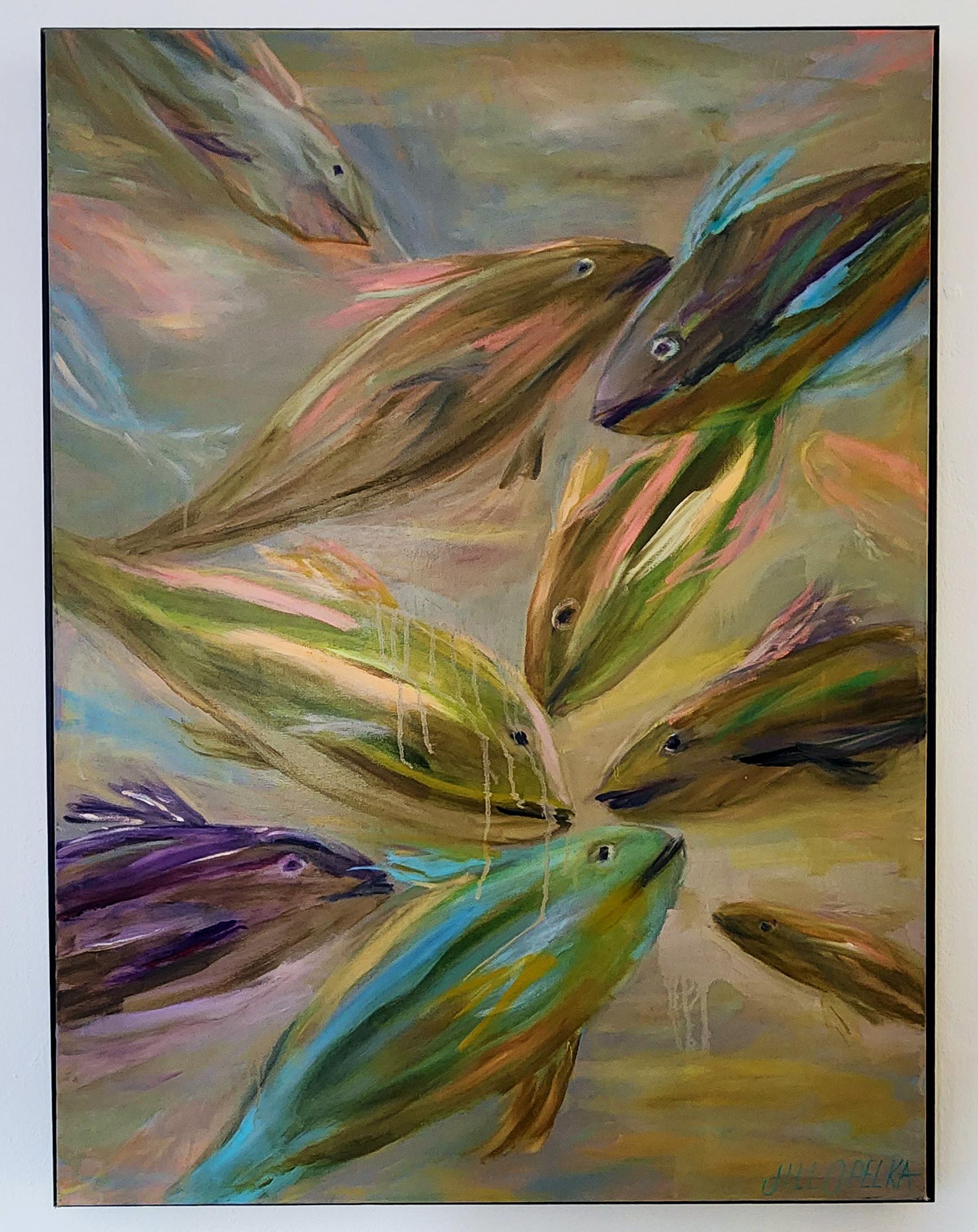 Maquereau (Poisson, École, Saba, Vert, Vert Light, Bleu, Rose, Doux, Chaud) - Moderne Painting par Jill Opelka