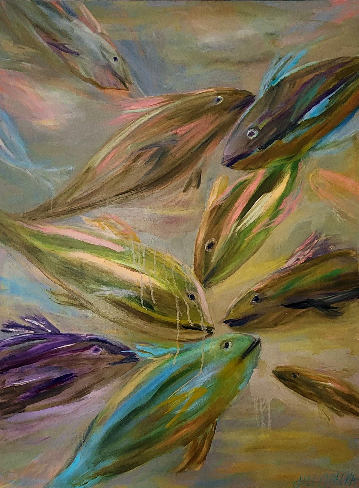 Mackarel (Fish, School, Saba, Green, Light Green, Blue, Pink, Soft, Warm) - Painting by Jill Opelka