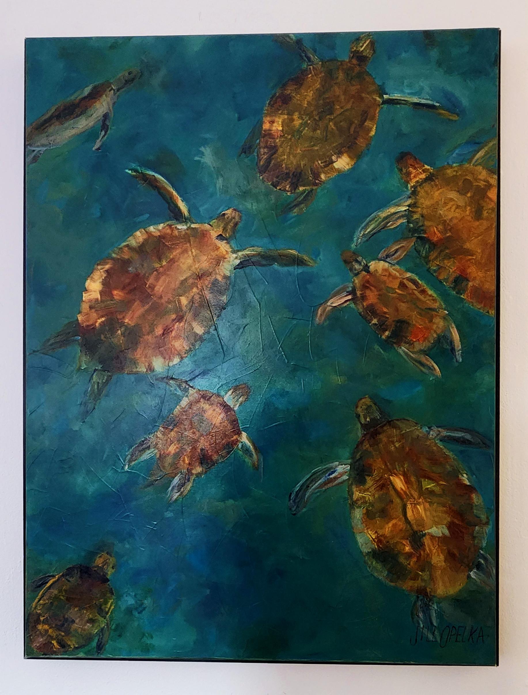 Turtles (Teal, Blue, Brown, Deep, Vibrant) - Contemporary Painting by Jill Opelka