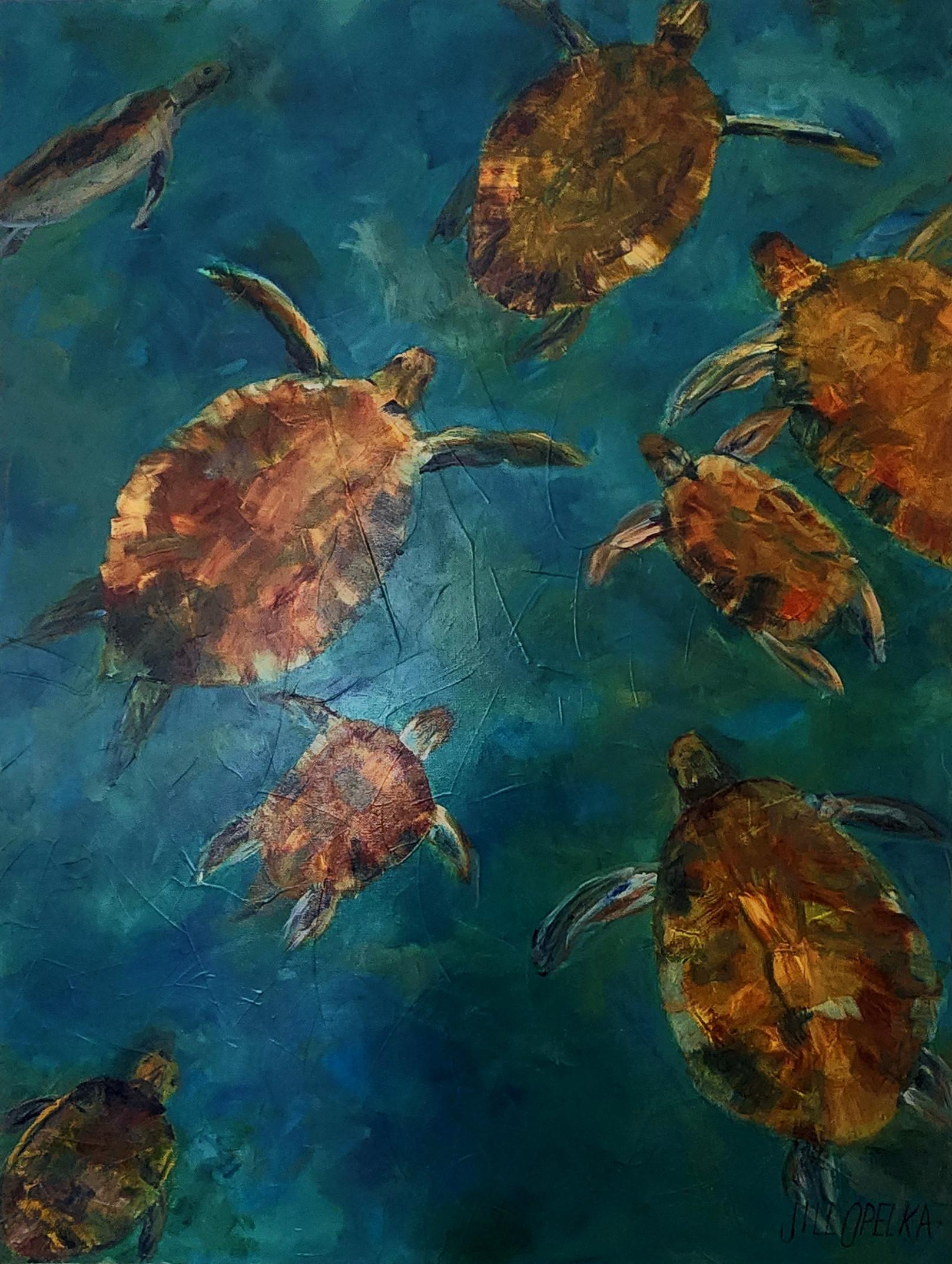 Tortues (sarcelles, bleues, brunes, profondes, vibrantes) - Painting de Jill Opelka