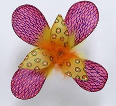 Fishnet Fire Flower, Bright Colorful Dyed Floral Drawing Wall Hanging Sculpture