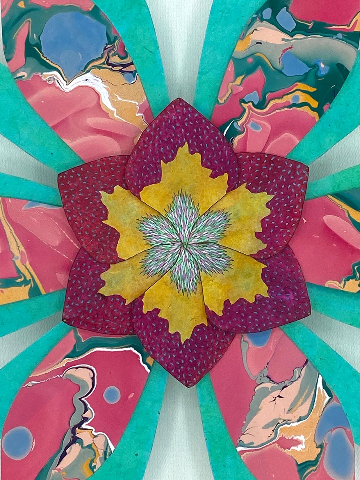 Paisleys and Thistles Star Flower, Bright Botanical Wall Sculpture in Teal, Pink - Contemporary Mixed Media Art by Jill Parisi