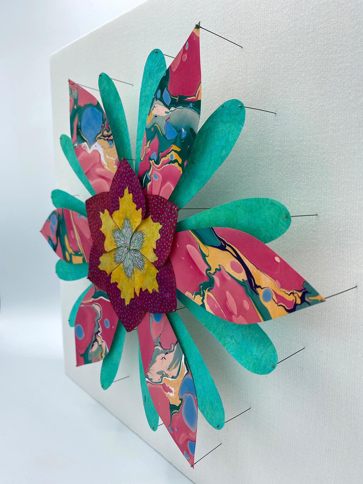 Paisleys and Thistles Star Flower, Bright Botanical Wall Sculpture in Teal, Pink For Sale 2