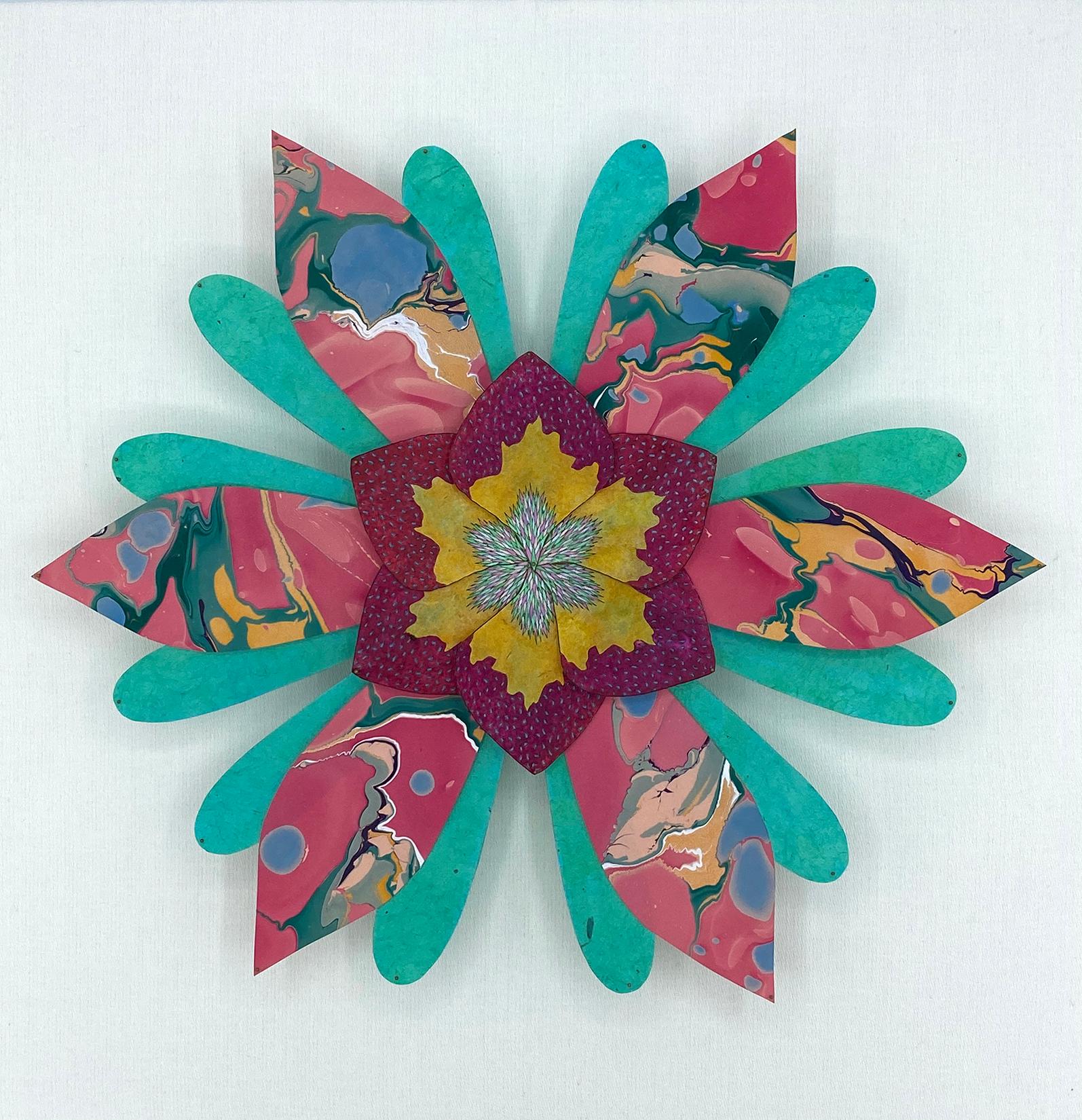 Paisleys and Thistles Star Flower, Bright Botanical Wall Sculpture in Teal, Pink