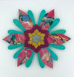 Paisleys and Thistles Star Flower, Bright Botanical Wall Sculpture in Teal, Pink