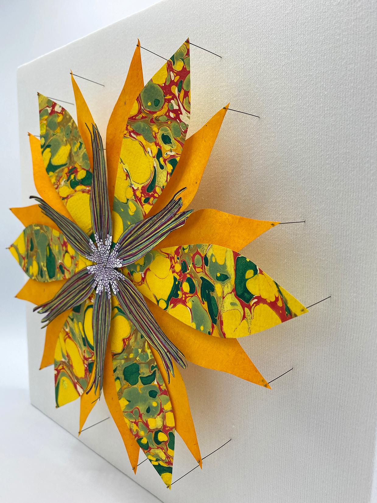 Sunshine Star Flower, Bright Botanical Wall Sculpture, Yellow, Orange, Green - Contemporary Mixed Media Art by Jill Parisi