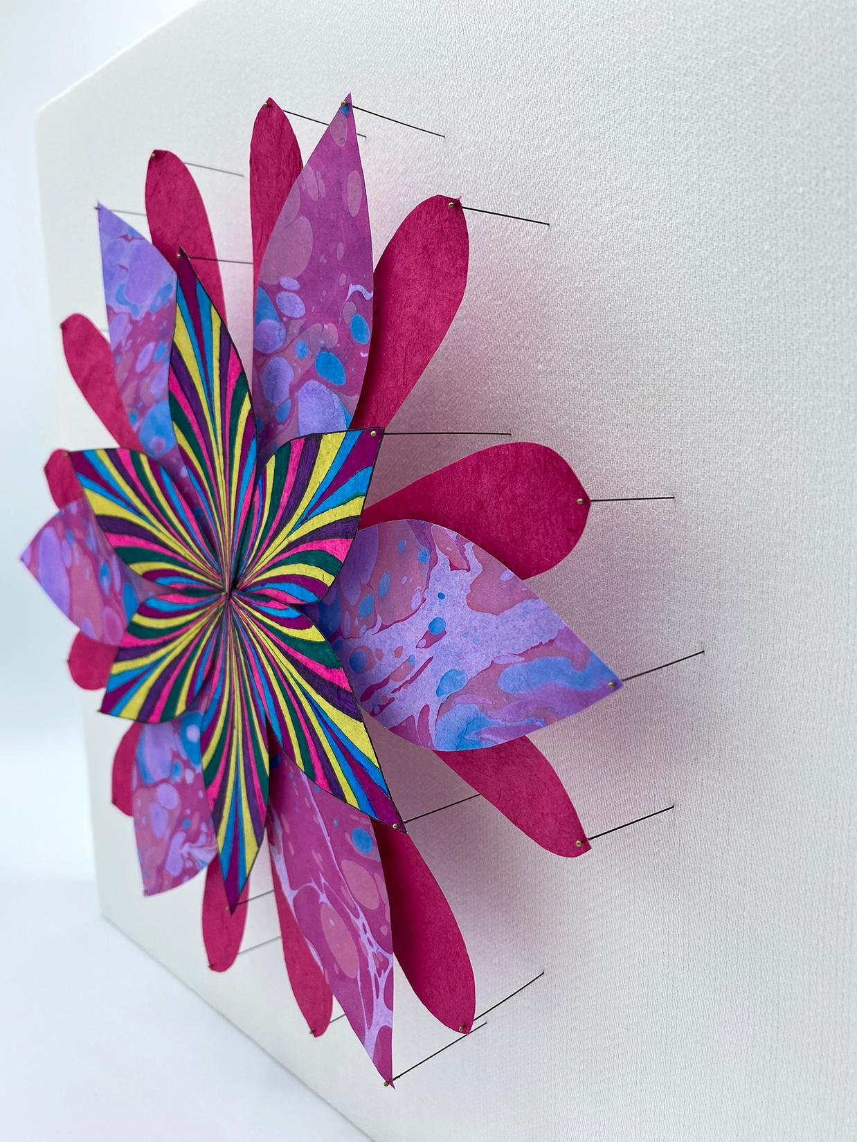 Triple Shooting Star Flower, Bright Botanical Wall Sculpture in Magenta, Purple - Contemporary Mixed Media Art by Jill Parisi