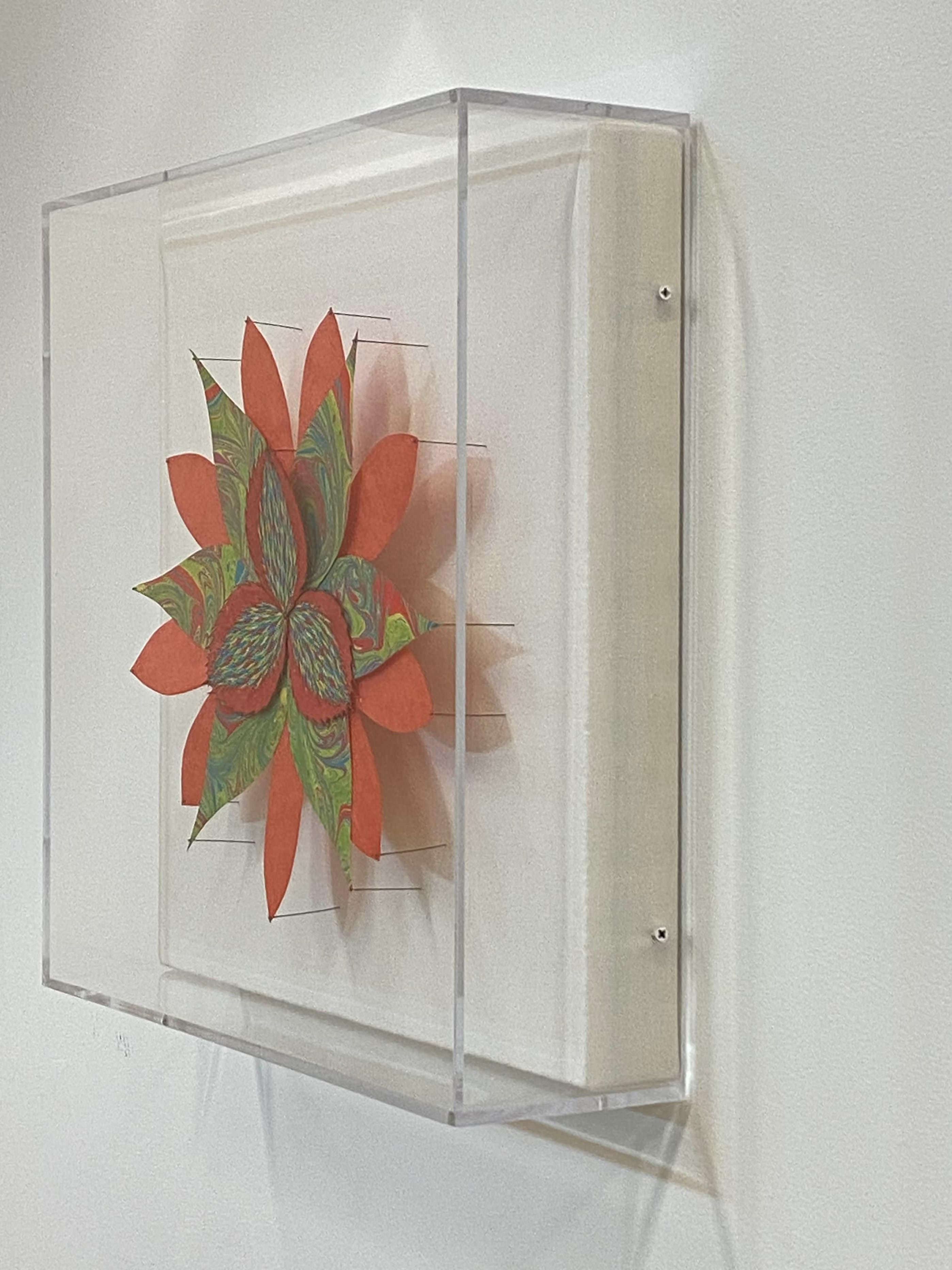 Vermilion Star Flower, Bright Colorful Botanical Paper Wall Sculpture - Gray Abstract Sculpture by Jill Parisi
