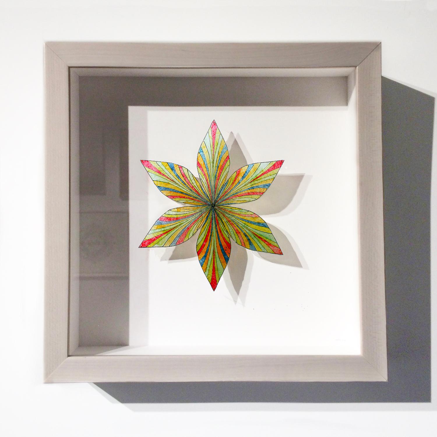 Shooting Star, Pinned Paper Flower in Light Green, Blue-Grey, Light Orange, Red - Sculpture by Jill Parisi