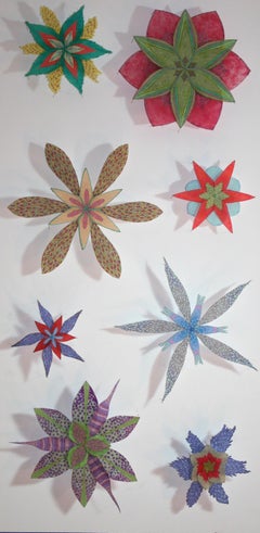 Cielo Azul Rosa - Escultura floral de papel enmarcada Azul Rosa Verde Amarillo Morado 2017