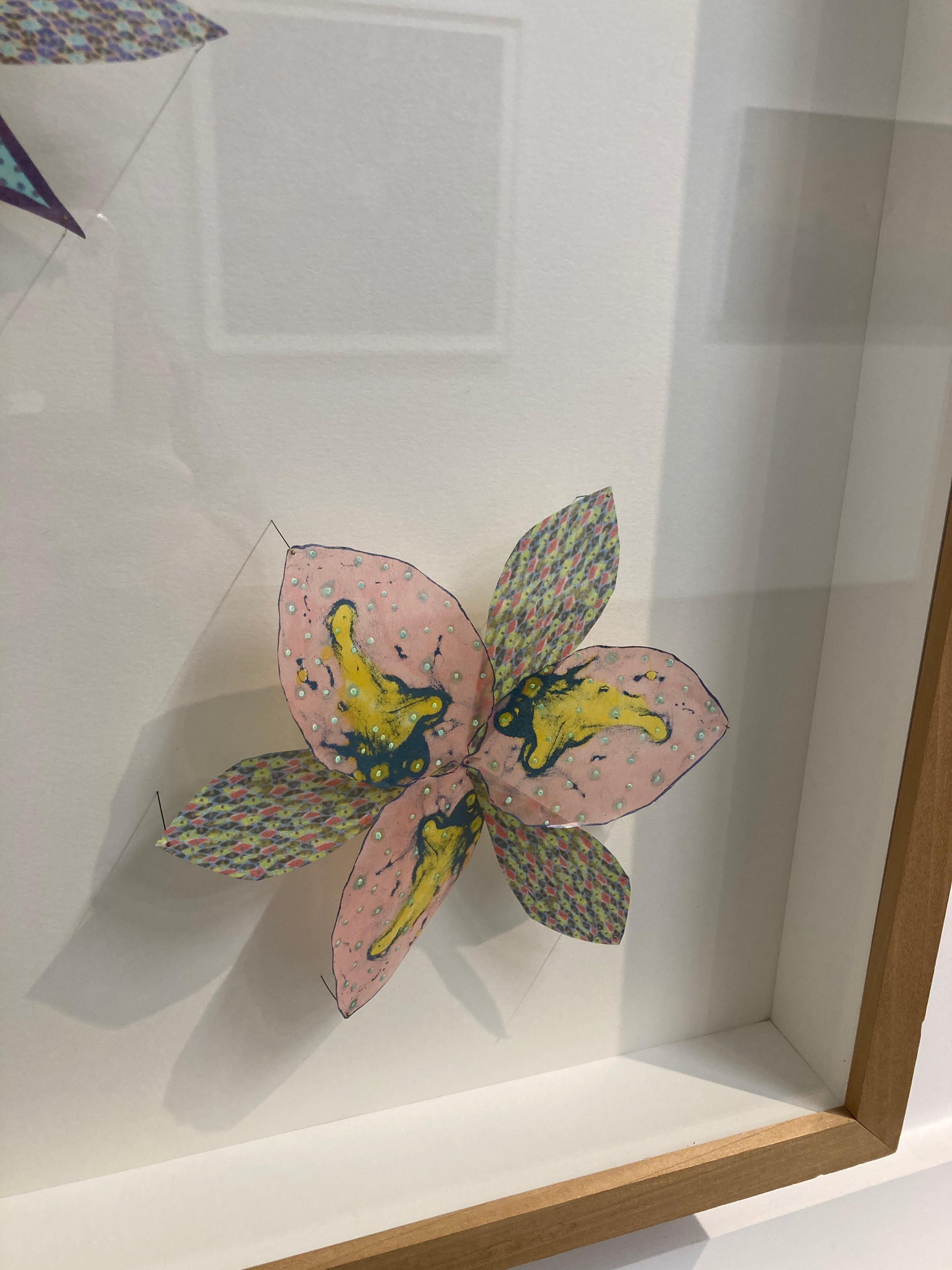 In this framed wall sculpture, digital prints and hand-colored lithography on hand-cut tissue weight kozo and gampi paper are cut to mimic botanical shapes and pinned with entomology pins to solid white foam core. Framed in a shadowbox with a light